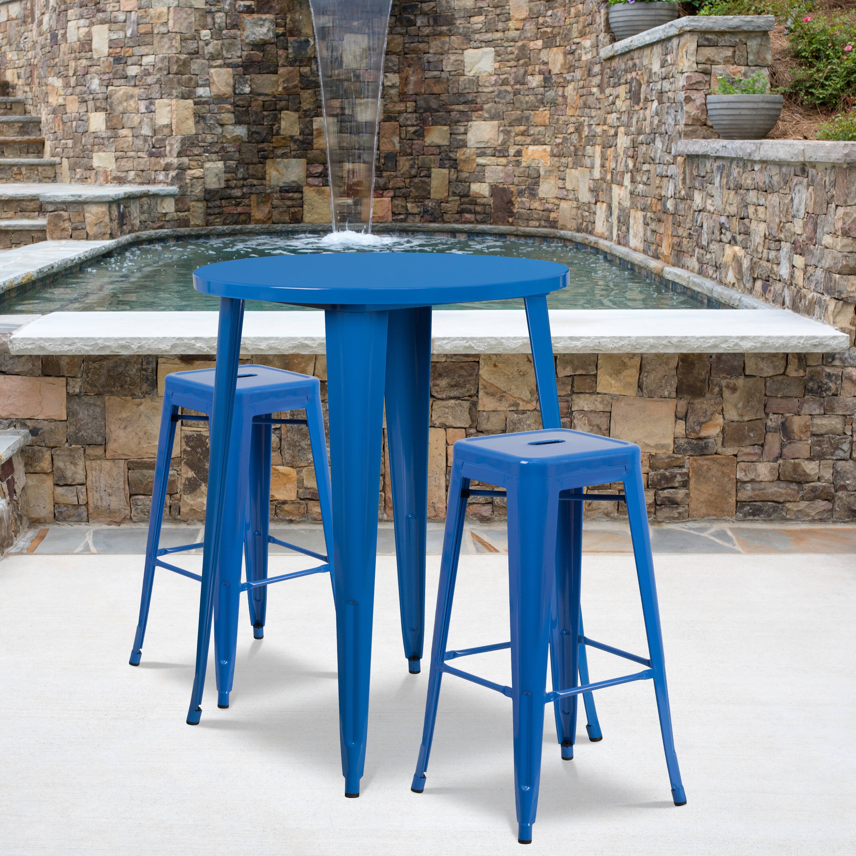 Alt View 1. Emma + Oliver - Commercial Grade 30" Round Metal Indoor-Outdoor Bar Table Set, 2 Backless Stools - Blue.