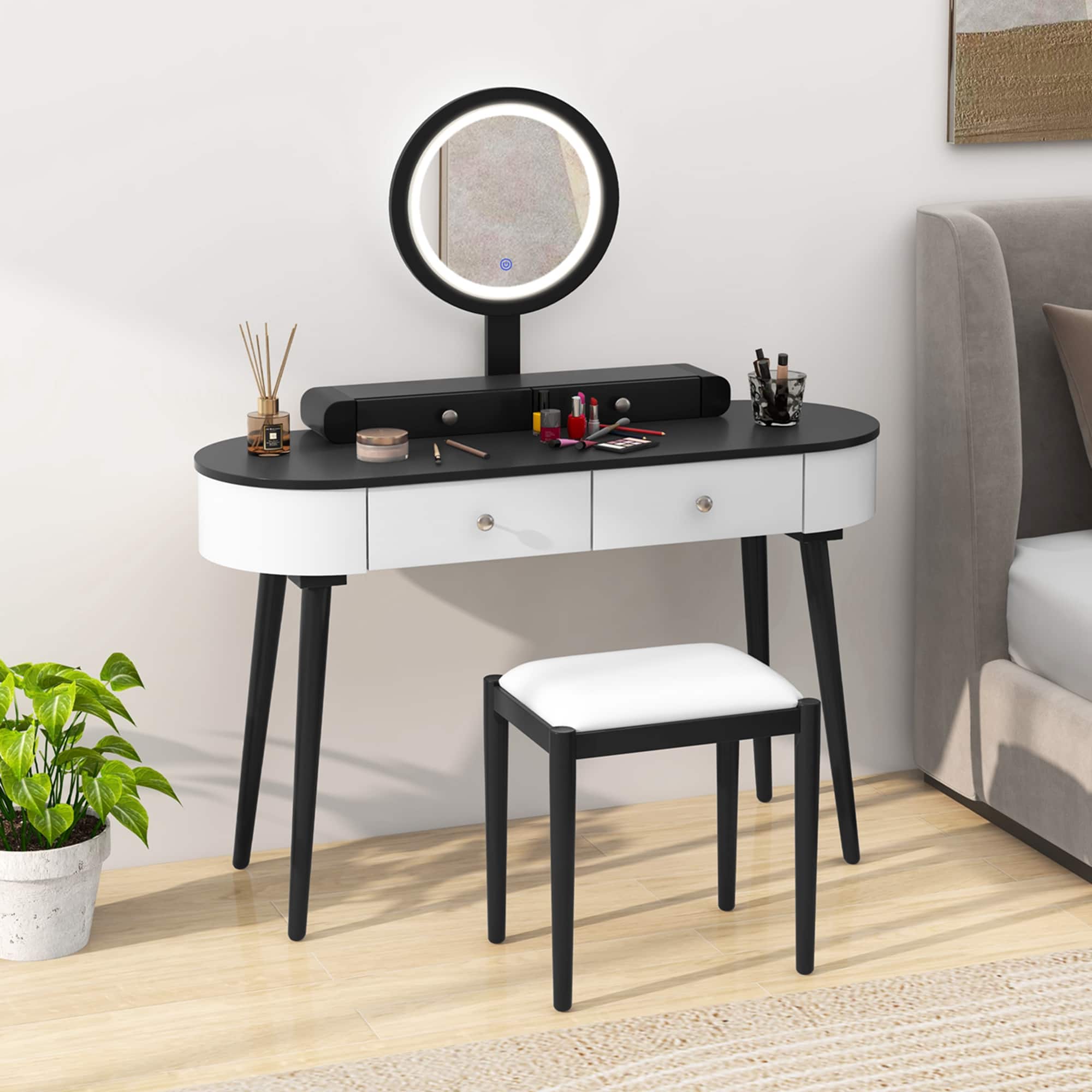 Costway - Solid Wood Makeup Vanity Desk Set with LED Lighted Mirror Drawers Cushioned Stool - White + Black