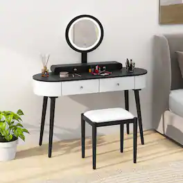 Costway - Solid Wood Makeup Vanity Desk Set with LED Lighted Mirror Drawers Cushioned Stool - White + Black