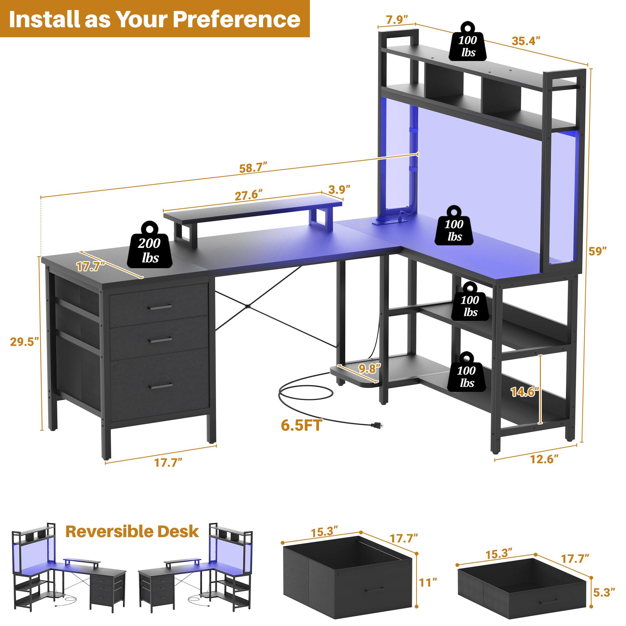 Install as Your Preference

- 7.9" x 35.4"
- 27.6" x 58.7" x 3.9"
- 17.7" x 29.5" x 9.8"
- 14.6" x 12.6"
- 100 lbs (multiple shelves)
- 200 lbs (desk)
- 59"
- 6.5FT

Reversible Desk

- 15.3" x 17.7" x 11"
- 15.3" x 17.7" x 5.3"