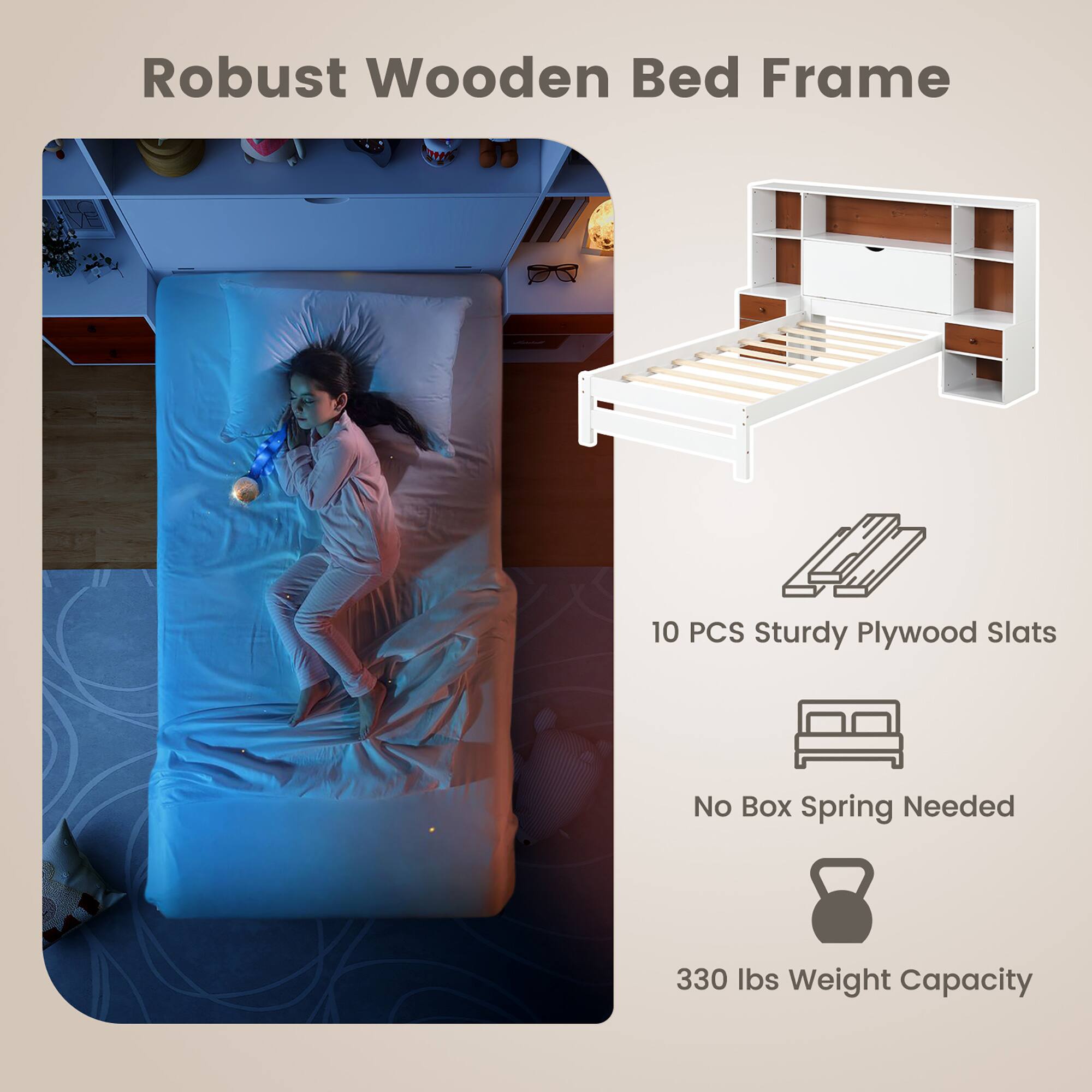 Robust Wooden Bed Frame

10 PCS Sturdy Plywood Slats

No Box Spring Needed

330 lbs Weight Capacity
