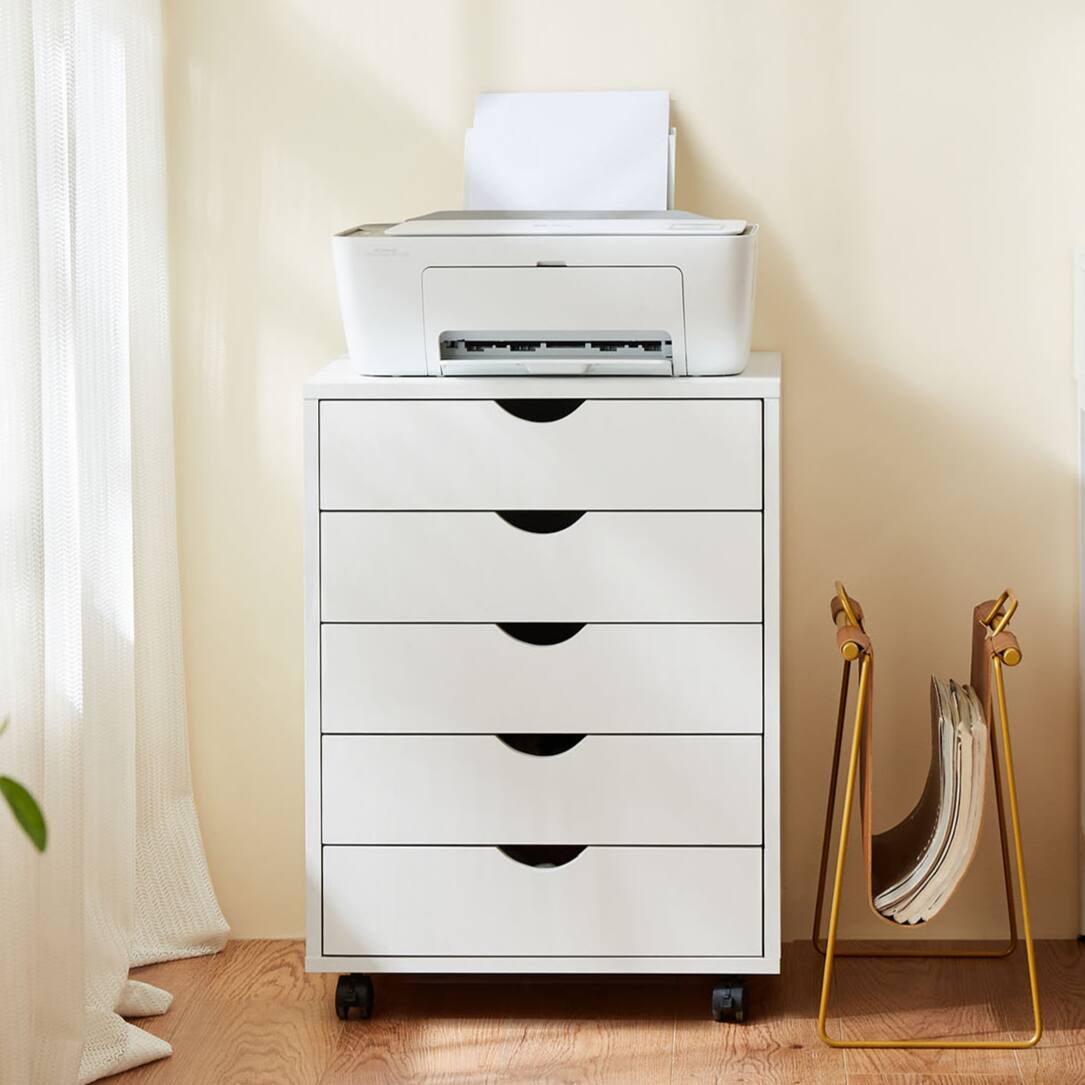 Front. AENKYO - 5 Drawers Storage Cabinet Dressers with Wheels Mobile Organizer Drawers for Office, Bedroom, Home - White.