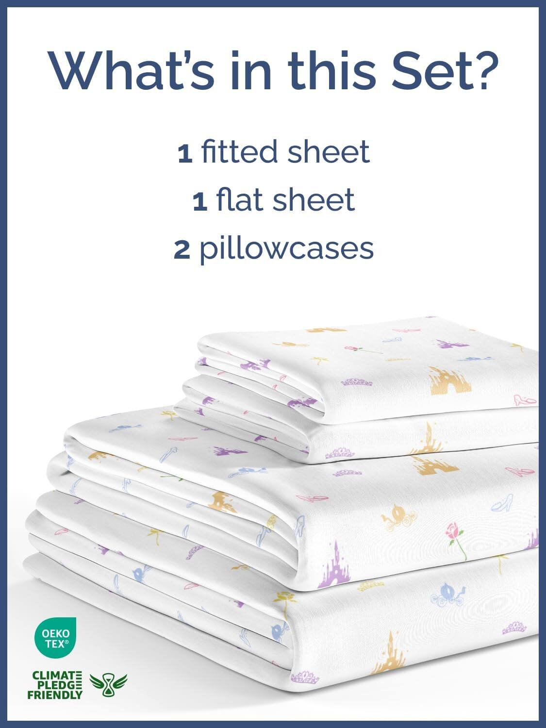 What's in this Set?  
1 fitted sheet  
1 flat sheet  
2 pillowcases  

OEKO TEX  
CLIMATE PLEDGE FRIENDLY