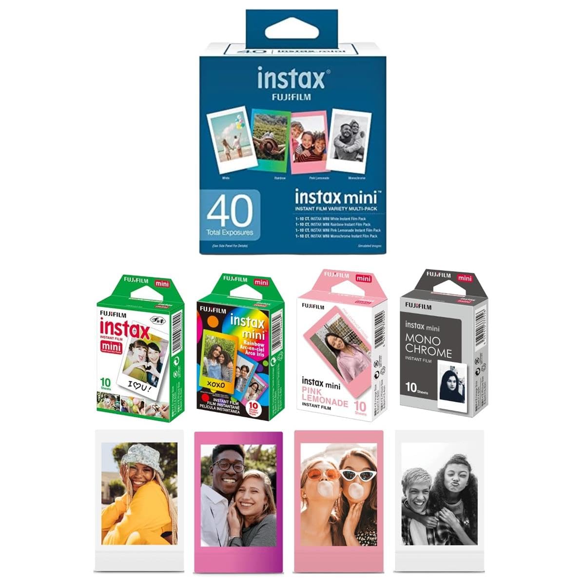 instax FUJIFILM 40 Total Exposures instax mini INSTANT FILM VAETY MULTI-PACK - - e NTU w - . E A w 1 - " w ww Pr - 1 EN -UA w -o - Nas FUJFILM mini FUJFILM mini FULFILM mini FUJHILM mini FUSEILM  instax - TLM mini FUJFILM instax mini Rainbow Bre-en-ciel Area lois FURFILM FUJFILM mini MONO CHROME INSTANT FEM 10 IOU! I axox M INSTANT F PELCULA INTANTA 10 NETANTANEA instax mini PINK LEMONADE ISTANN 10 FILM 10