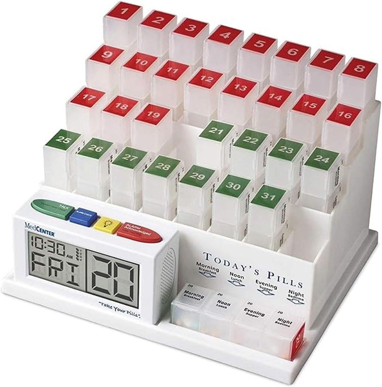 1 2 3 4 5 6 7 8 9 10 11 12 13 14 15 16 17 18 19 20 21 22 23 24 25 26 27 28 29 30 31

TALK MedCENTER niscitedged ALARM 10:30 AM FRI

TODAY'S PILLS

Morning 20
Noon 20
Lunch 20
Evening 20
Night 20

Take Your Pills