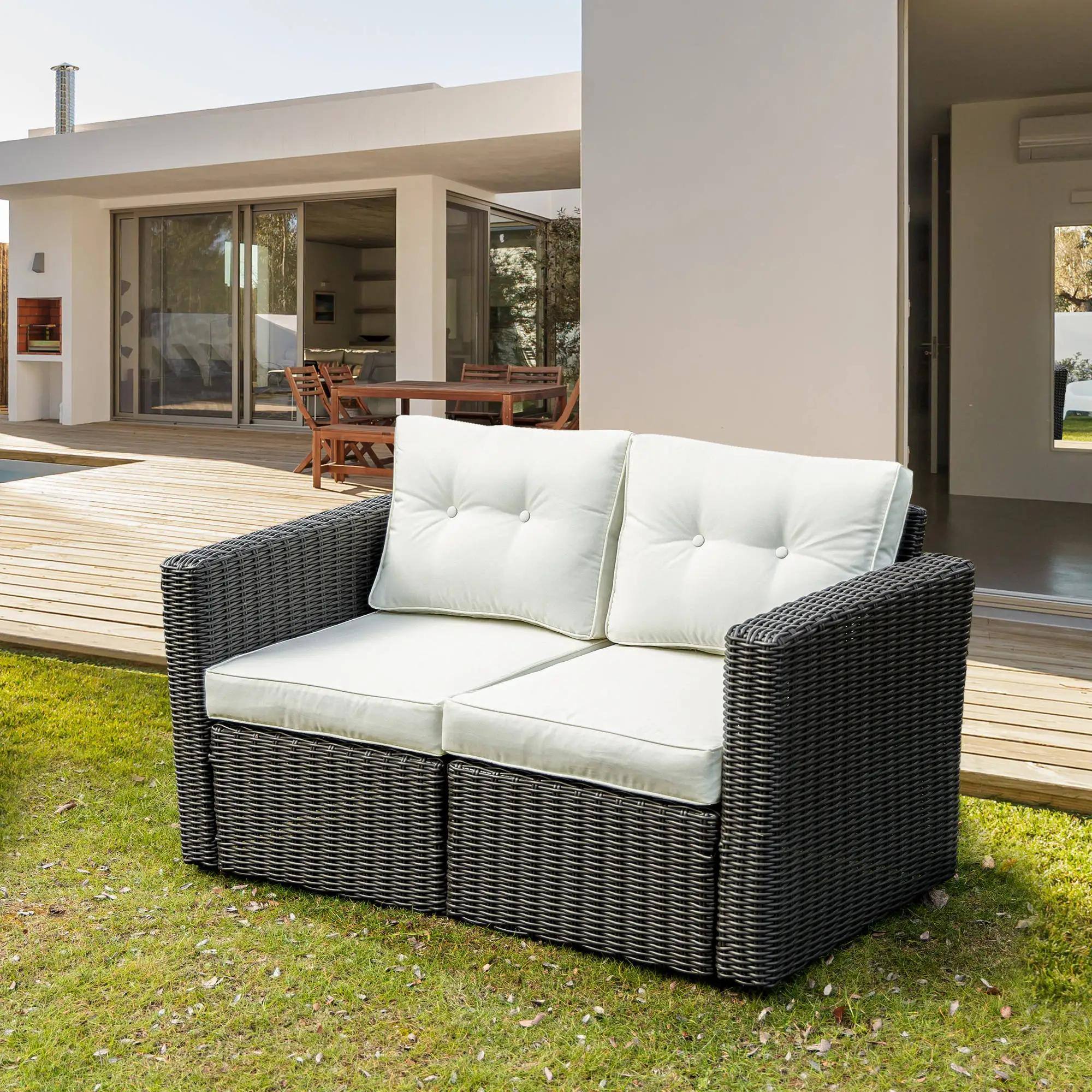 Alt View 6. Spaco - Spaco 2-Piece PE Rattan Corner Sofa with Curved Armrests and Padded Cushions - Beige.
