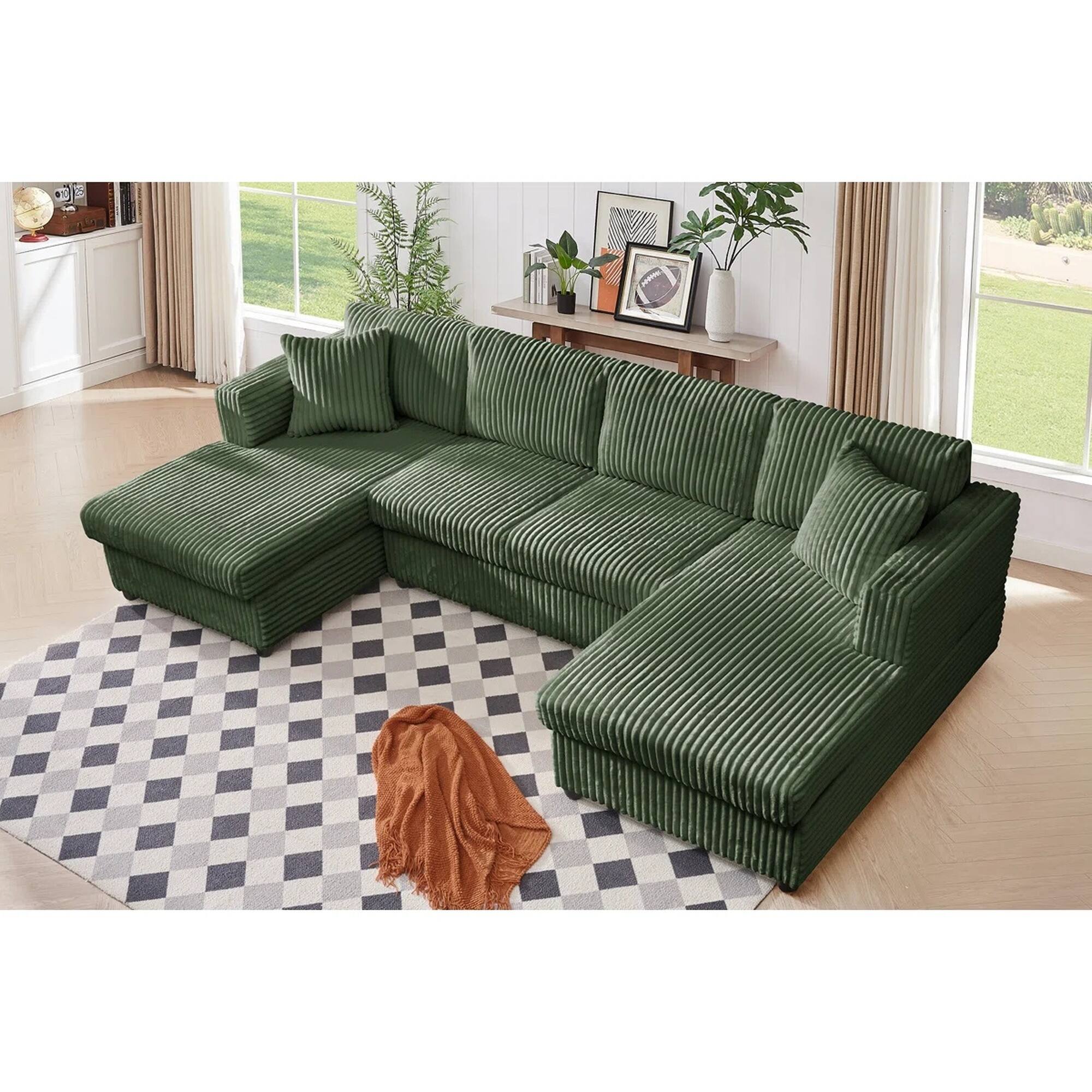 Angle. Yardgrace - 6-Seater Modular U-Shaped Sectional Sofa – Extra Large Corduroy with Double Chaises - Green.