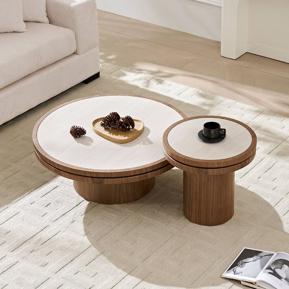 Alt View 6. Loheer - Loheer 19.49 Inch Round Side Table Walnut Coffee Table Sintered Stone Tabletop MDF Pedestal Base for Living Room Bedroom - Walnut.