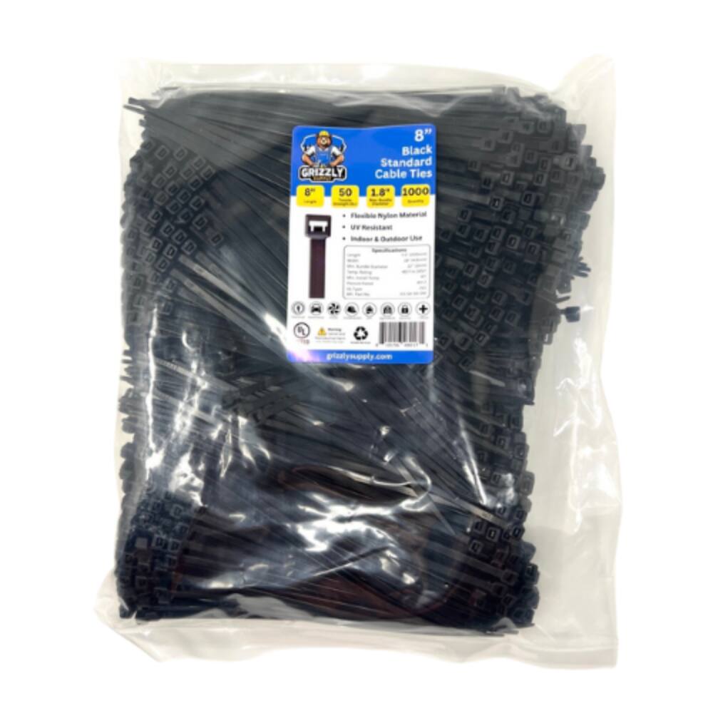 8" Black Standard GRIZZLY Cable Ties, 8" x 1.8", 1000 Flouble Mylen Material, 1" Resistant, Indoor & Outdoor Use, 50 Pack, grizzlysupply.com