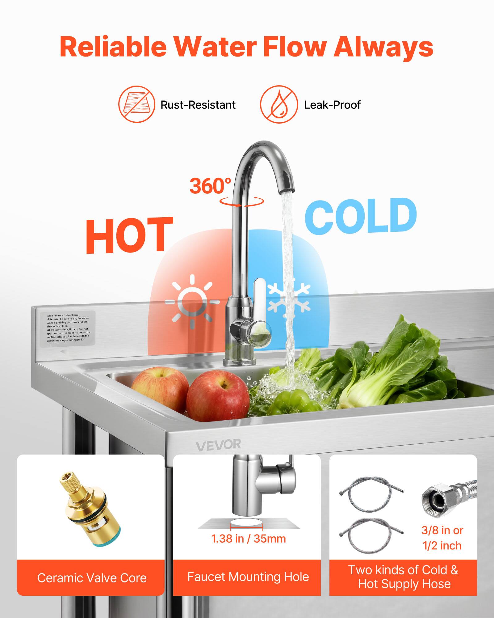 Reliable Water Flow Always

- Rust-Resistant
- Leak-Proof

360°

HOT COLD

Ceramic Valve Core

Faucet Mounting Hole: 1.38 in / 35mm

Two kinds of Cold & Hot Supply Hose: 3/8 in or 1/2 inch