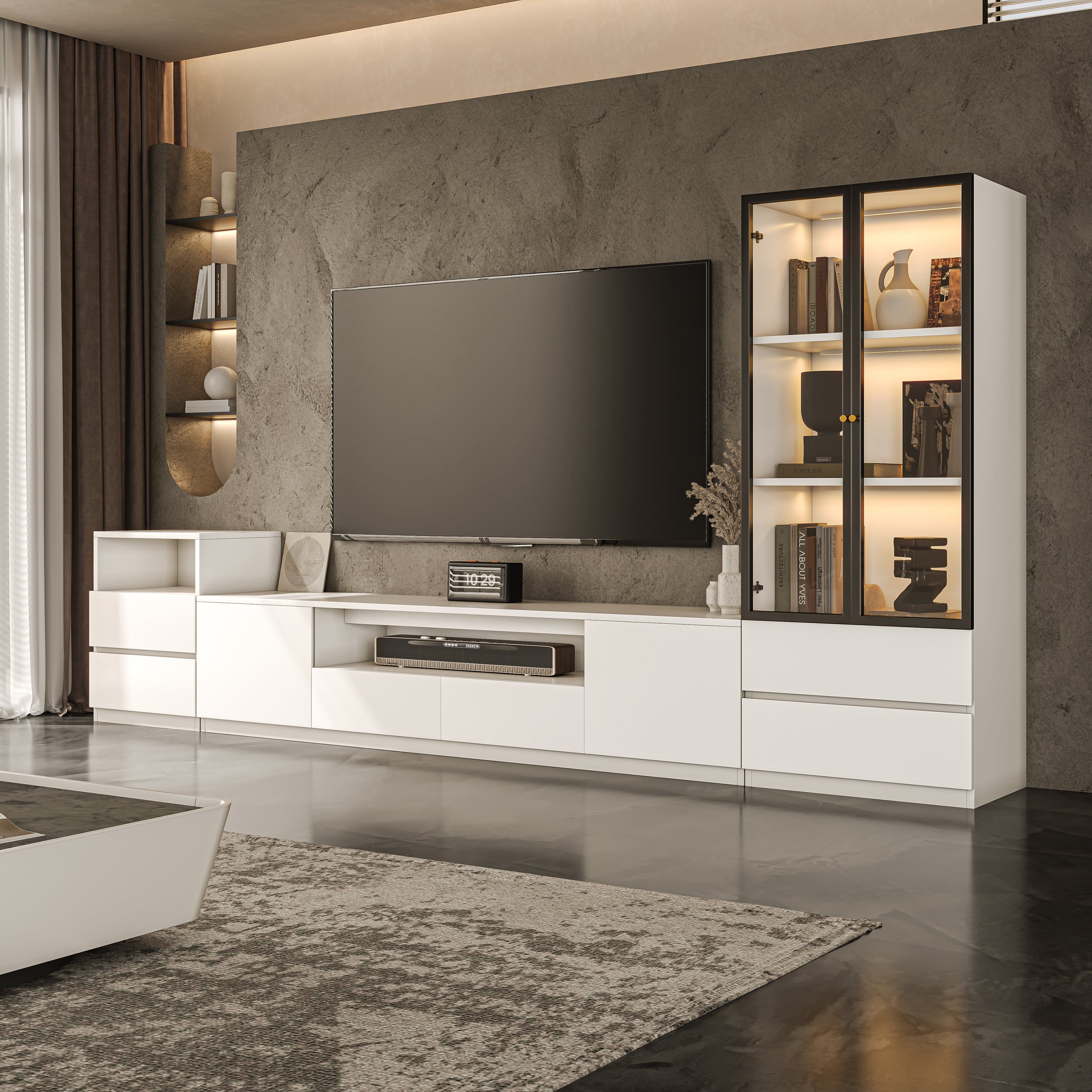 MSOOB - Entertainment Center for TV Up to 85'', Living Room Cabinet Set Includes Tv Stand, Drawer Cabinet and Glass Cabinet - White