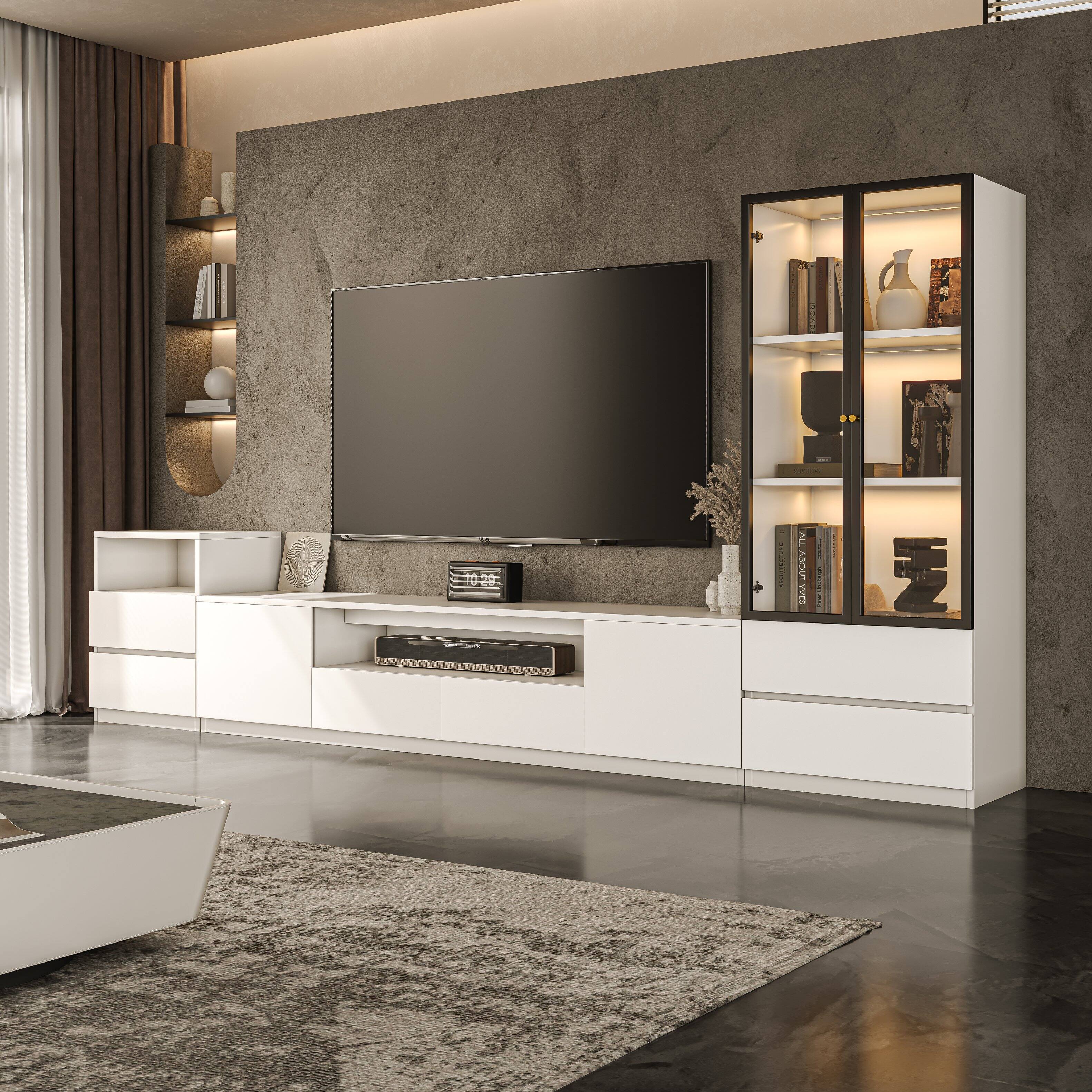 Front. MSOOB - Entertainment Center for TV Up to 85'', Living Room Cabinet Set Includes Tv Stand, Drawer Cabinet and Glass Cabinet - White.