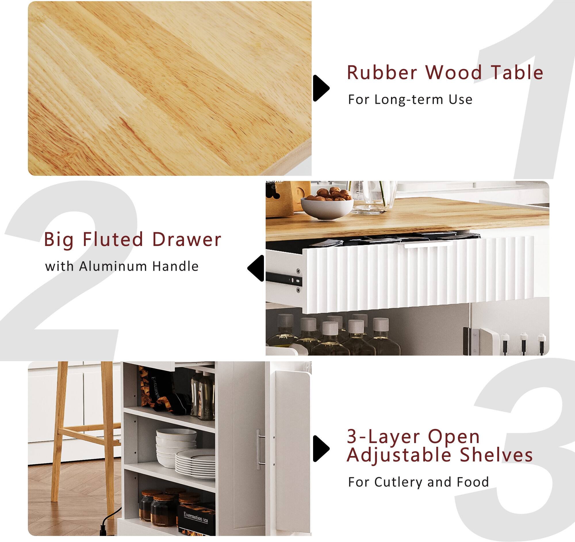 1. Big Fluted Drawer with Aluminum Handle
2. Rubber Wood Table for Long-term Use
3. 3-Layer Open Adjustable Shelves for Cutlery and Food