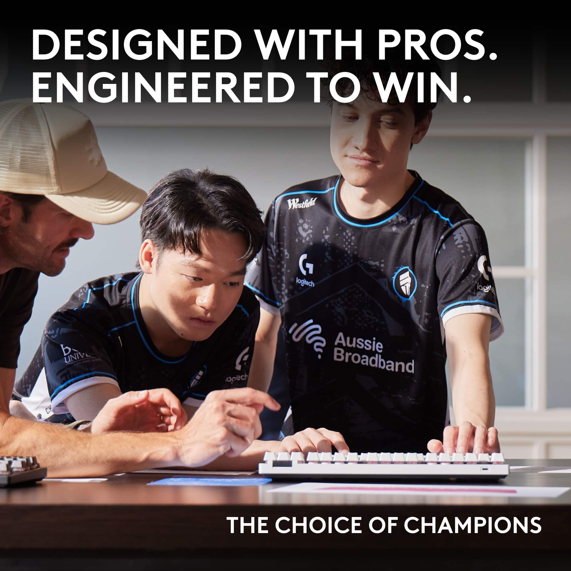 DESIGNED WITH PROS. ENGINEERED TO WIN. logtech a UNIV opech Aussie Broadband CY THE CHOICE OF CHAMPIONS