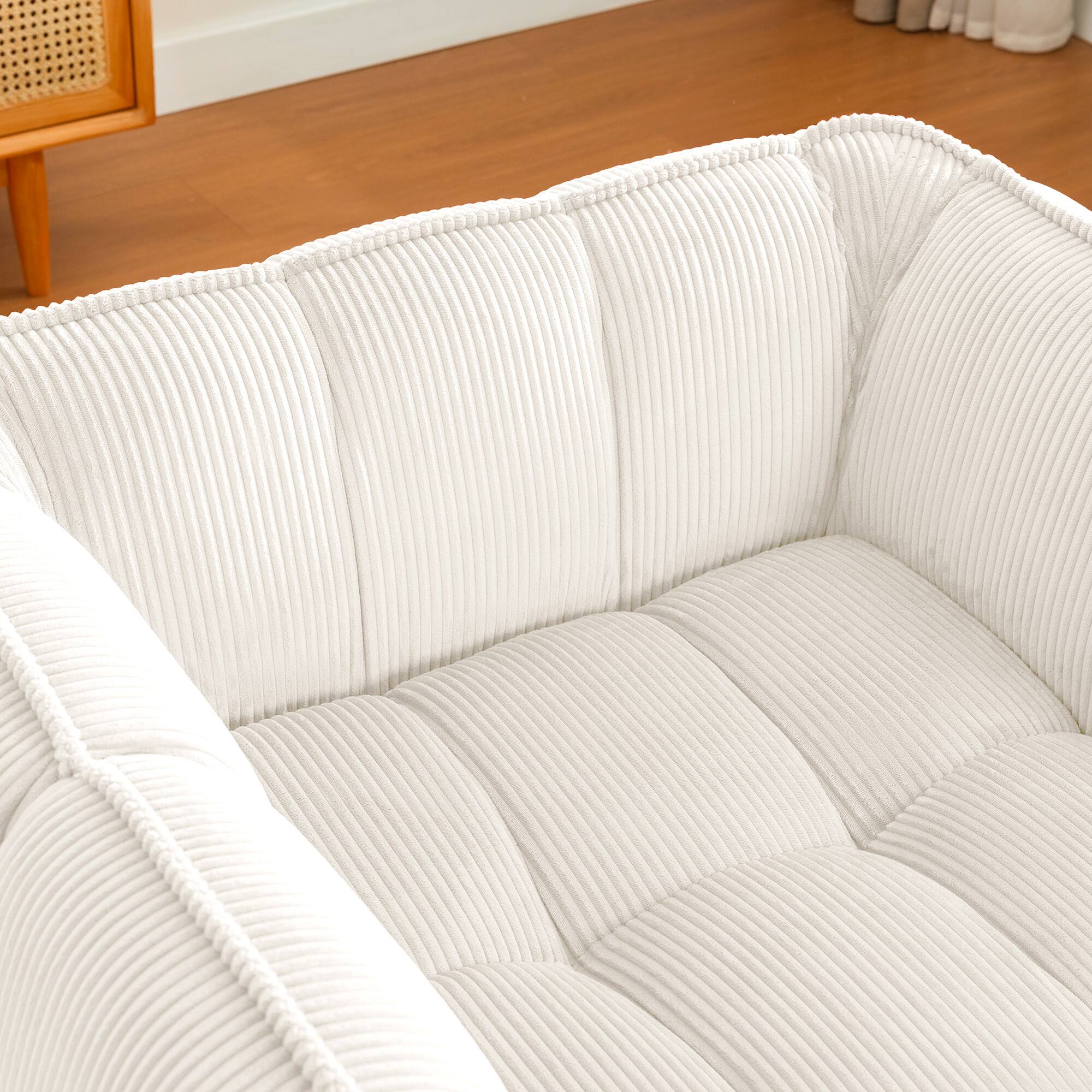 Left. KERDOM - Corduroy Pumpkin Sofa Chair, Plush Upholstered Singe Couch, Pumpkin Barrel Reading Chair Round Cloud Armchair for Vanity - White.