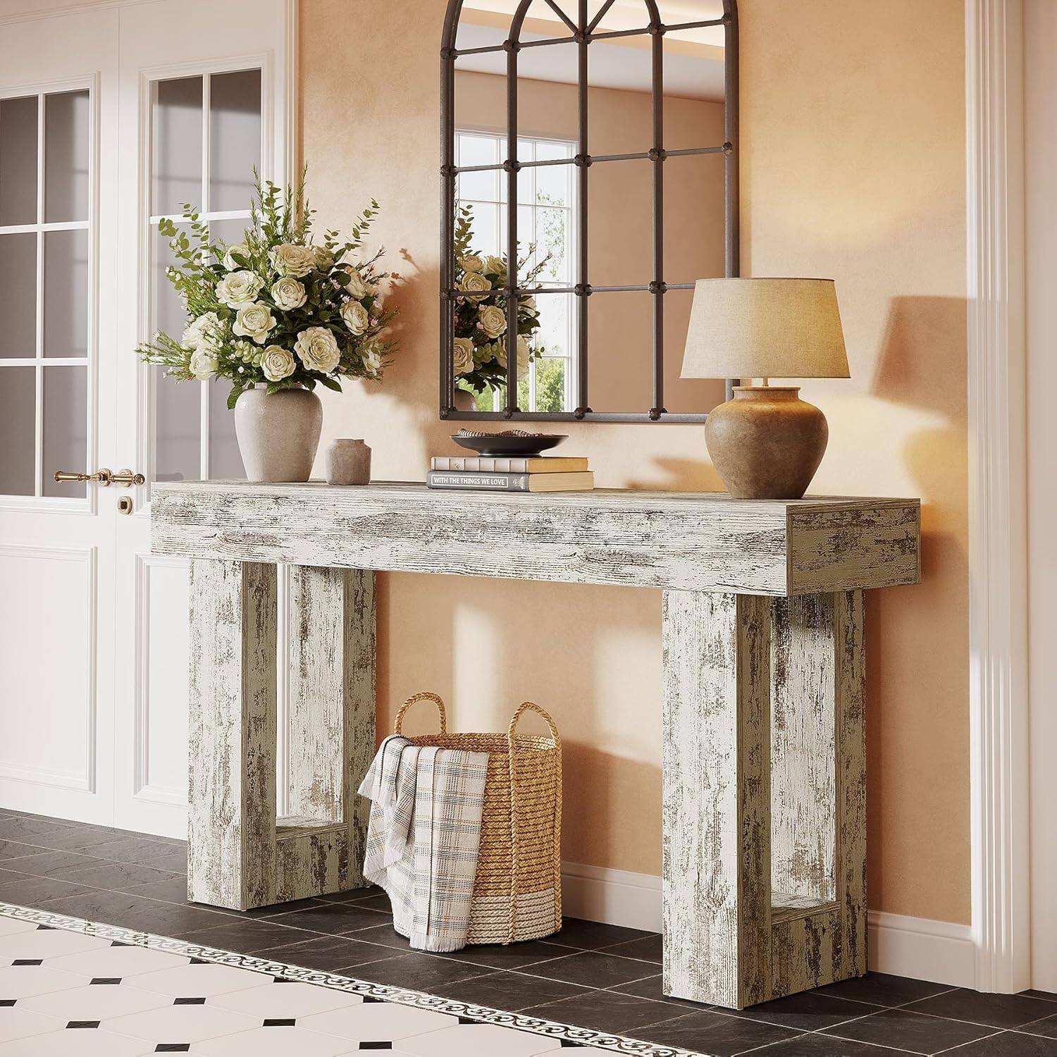 Back. Tribesigns - Console Table with Engineered Wood Construction and Rectangular Top for Entryway, Hallway and Living Room - White.