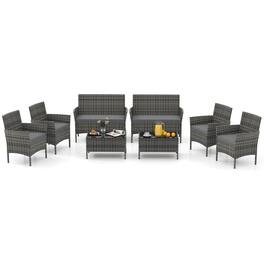 Gymax - Set of 8 Furniture Set w/ Washable Cushions & Tempered Glass Coffee Table Patio - Gray