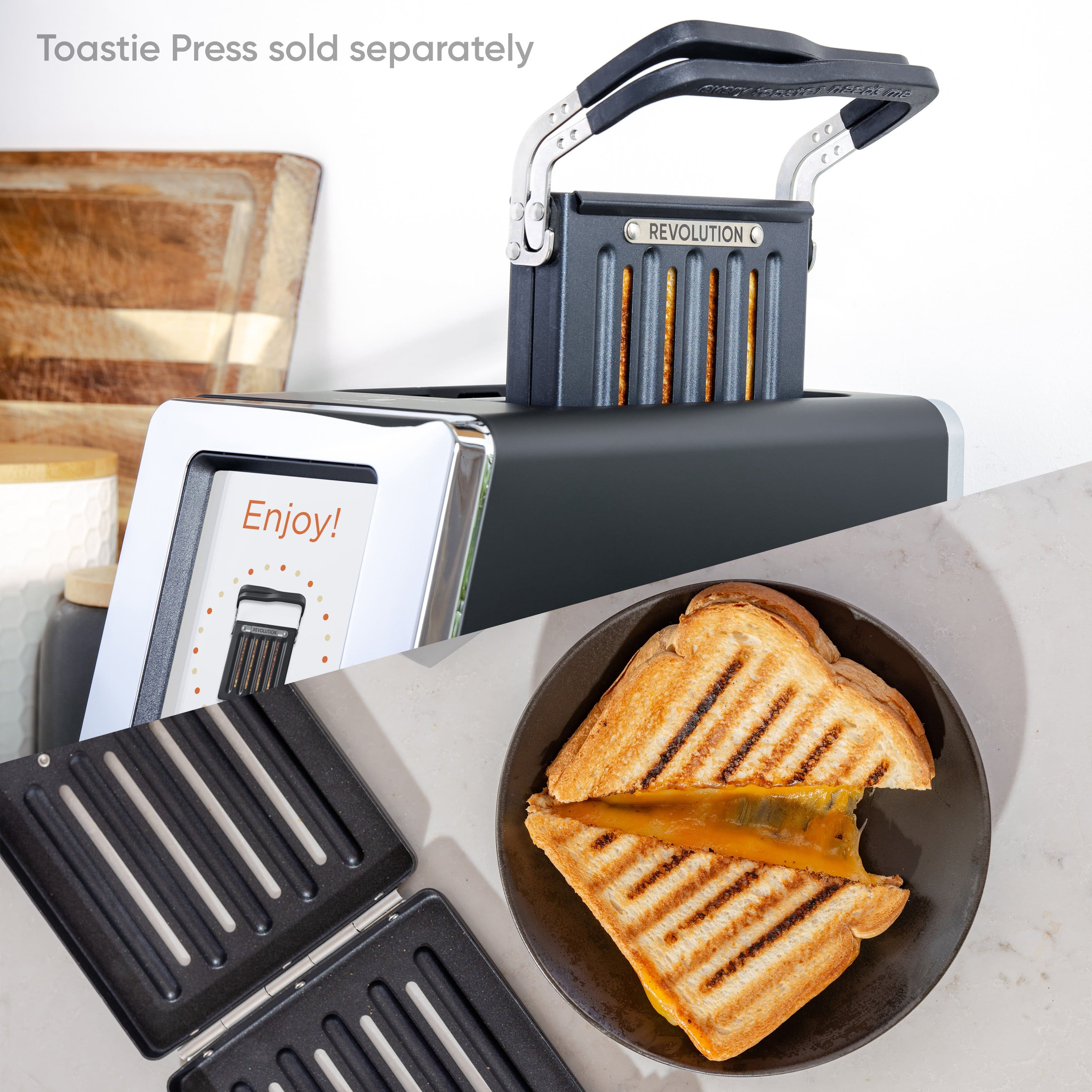 The text on the image reads "Toastie Press sold separately."