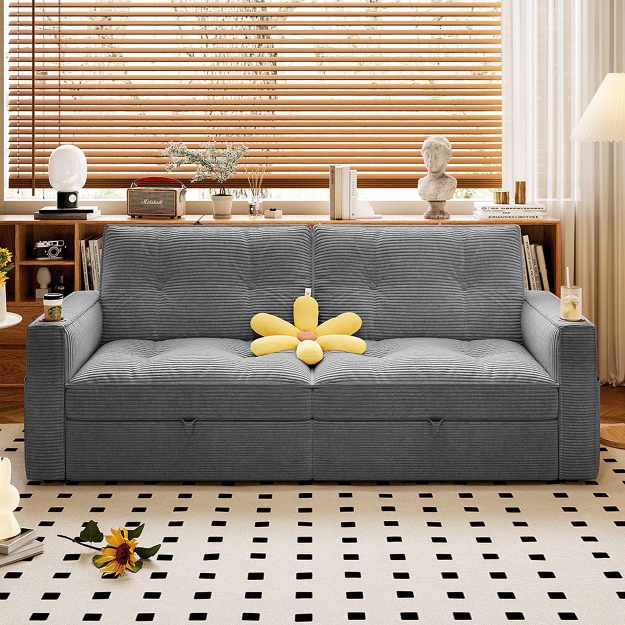 Alt View 6. Boyel Living - SOMNUS 2 in 1 Convertible Sofa Bed Corduroy Steel Frame 600 lbs Load Capacity Small Space Grey - Gray.