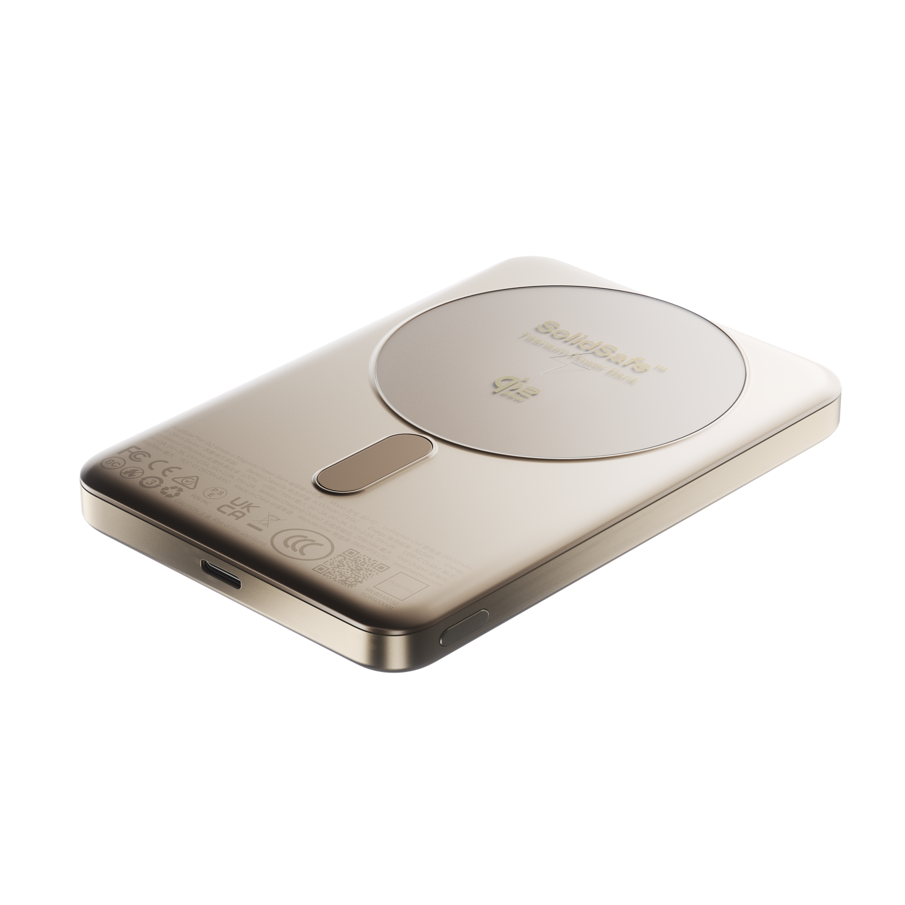 BC FCCE K not FOXING  
Made UK  
Energy 0310032  
Titanium SolidSafe Power FRE Bank 5000mAh