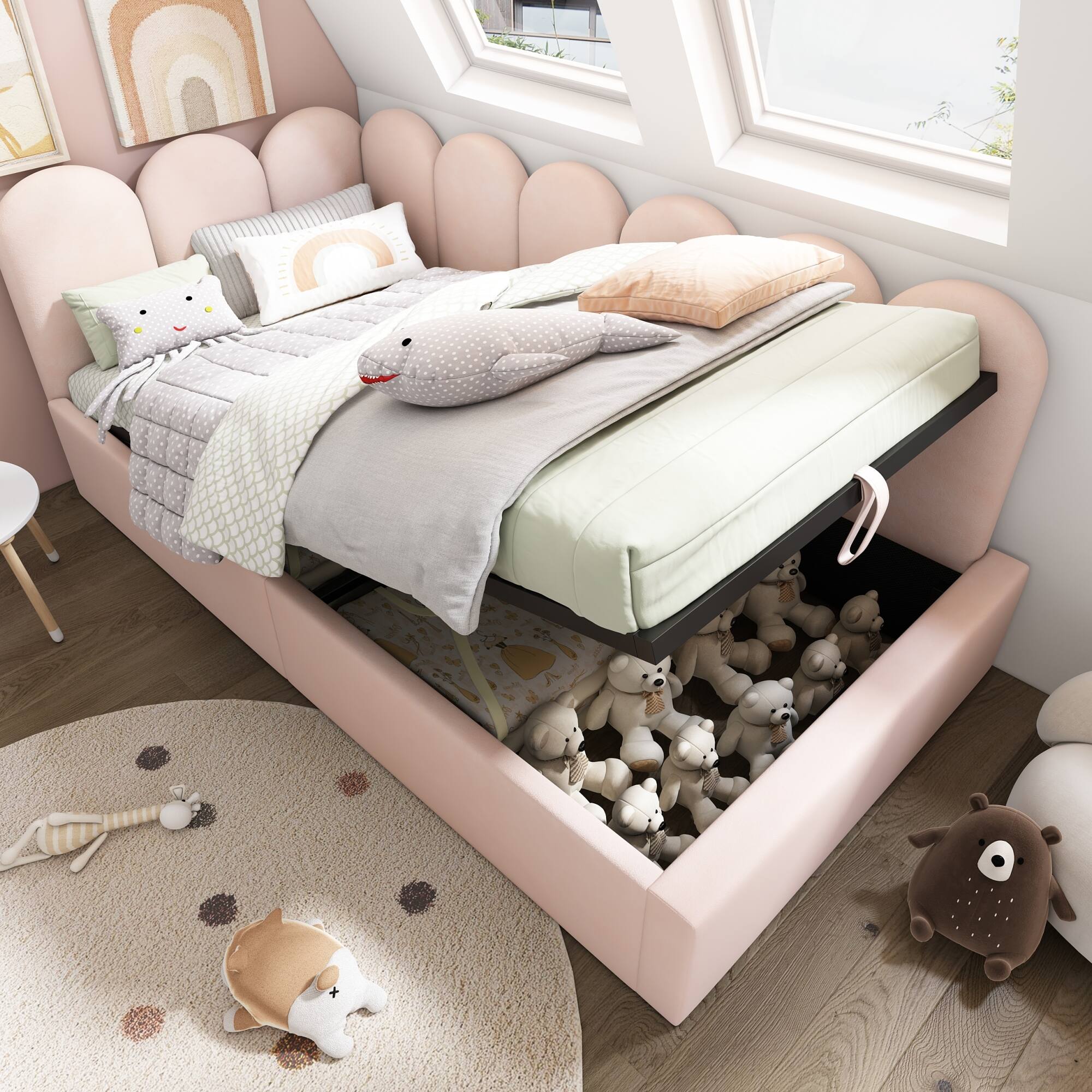 Alt View 5. GOODSILO - Upholstered Daybed with Hydraulic Storage, Twin Size Sofa Bed Frame with Metal Slats and Velvet Covering - Pink.