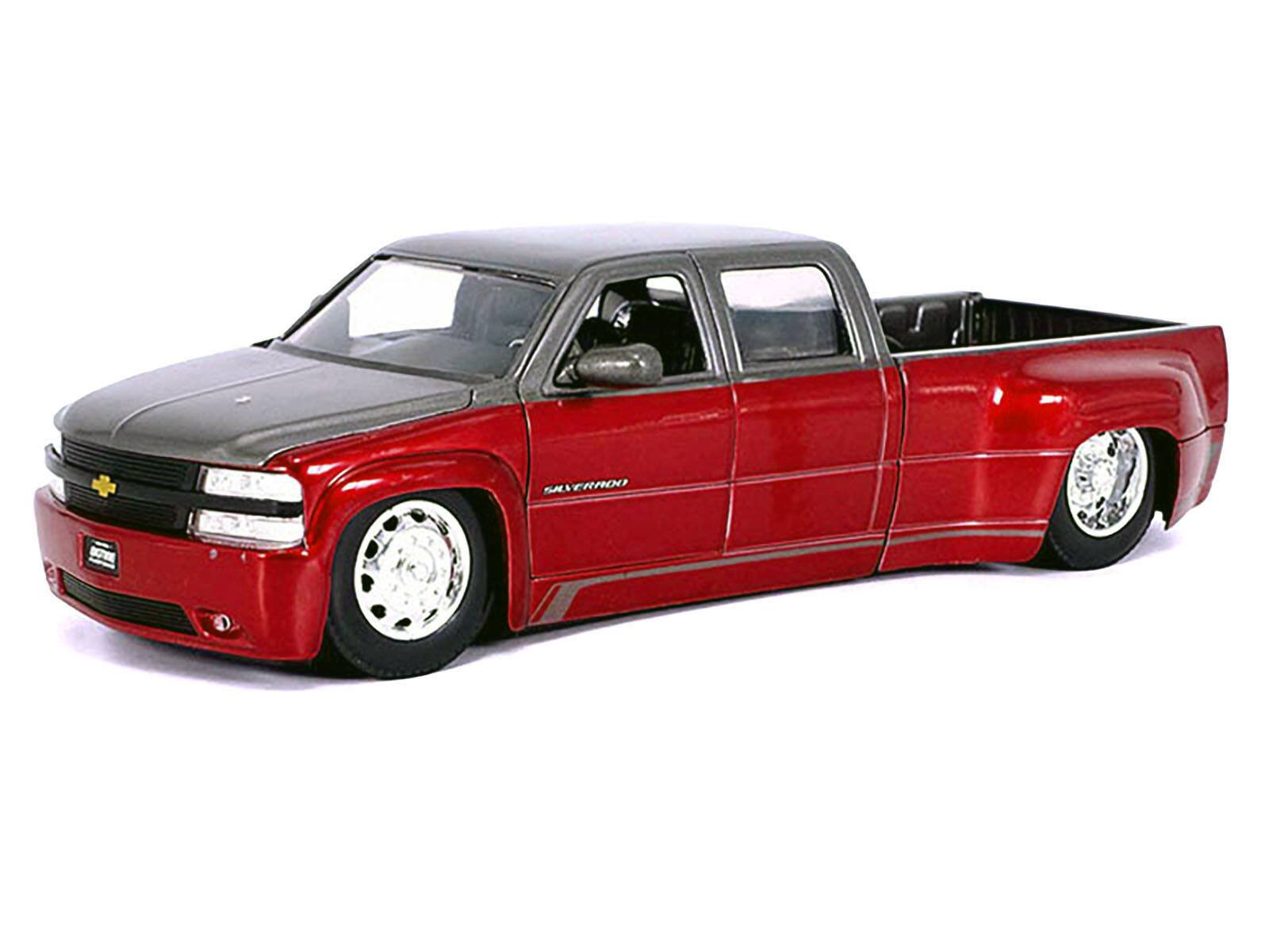 Alt View 1. Jada - 1999 Chevrolet Silverado Dually Truck Red Metallic and Gray w/Stock Wheels "Just Trucks" Series 1/24 Model Car by Jada.