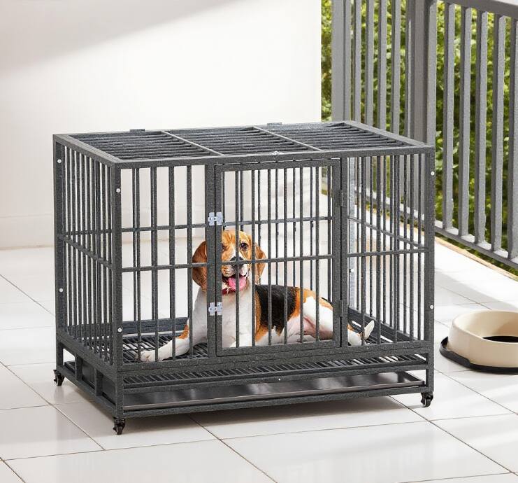 Siljoy - Heavy Duty Dog Crate, 43" Metal Kennel with 4 Lockable Wheels & 2 Doors for Dogs up to 88 lbs