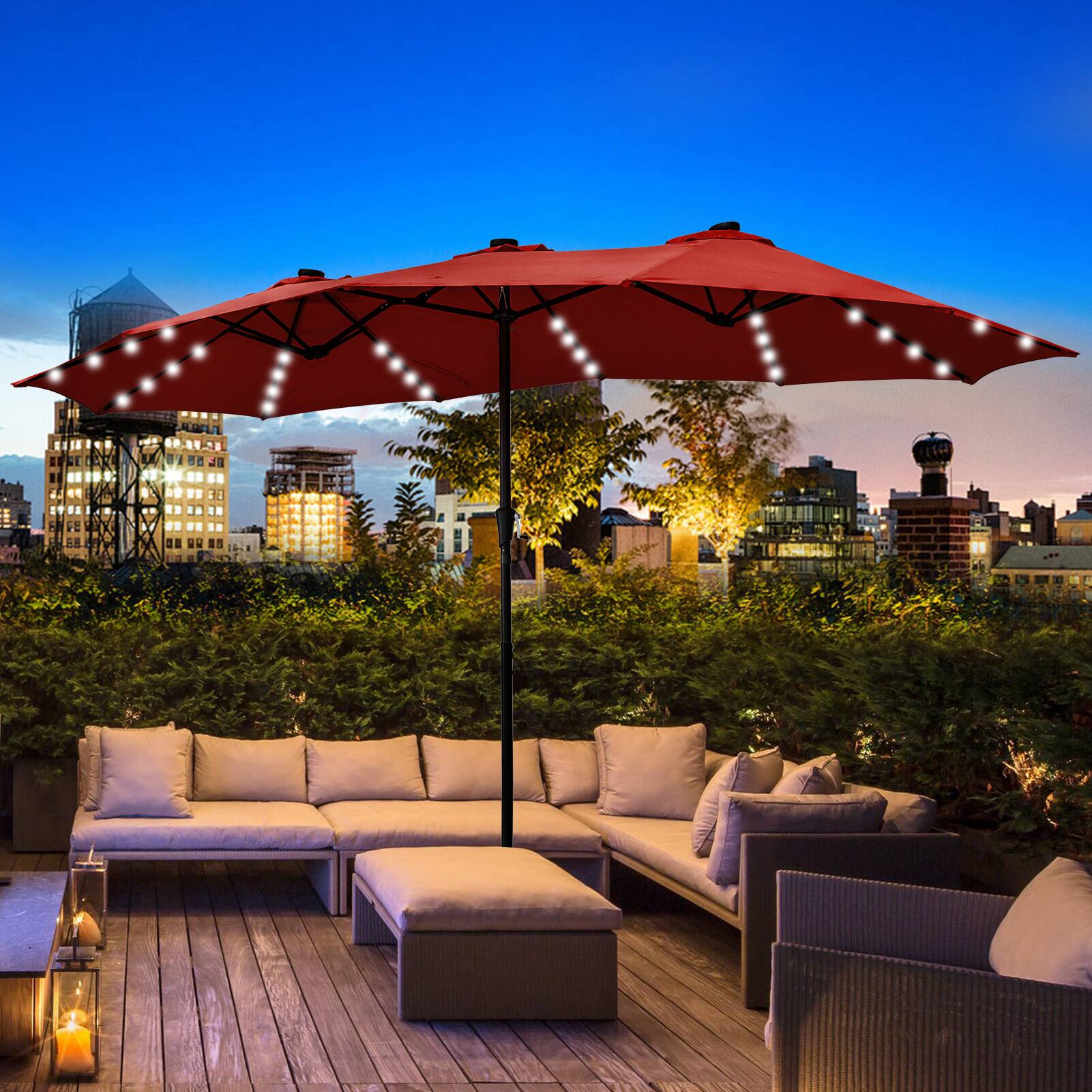 Left. Ainfox - Ainfox 15ft Large Patio Umbrella With LED Lights - Red.