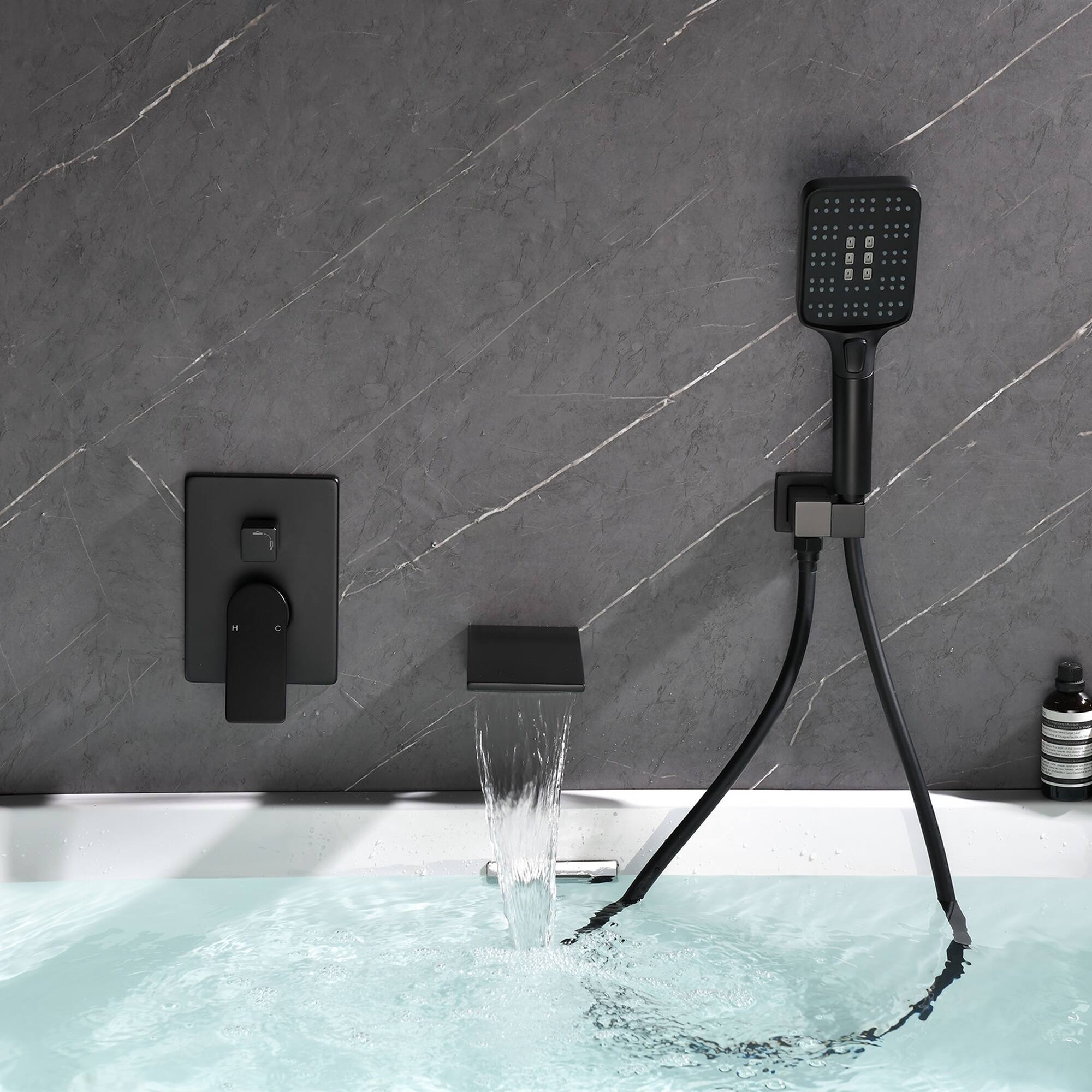 Alt View 1. Boyel Living - Matte Black Wall Mount Bathtub Faucet Brass 2-Function Valve Push-Button Handheld 60-Inch PVC Hose cUPC - Black.