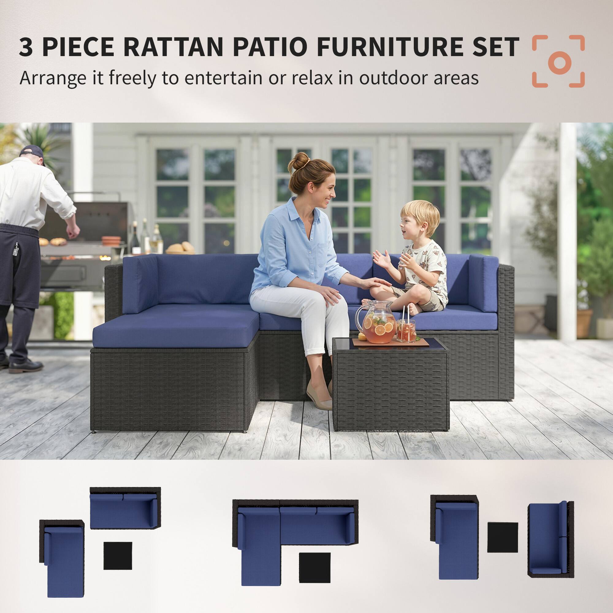 3 PIECE RATTAN PATIO FURNITURE SET  
Arrange it freely to entertain or relax in outdoor areas