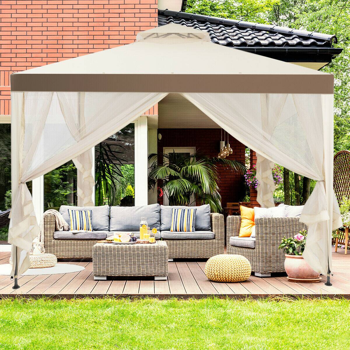 Alt View 3. Gymax - Gymax 10'x 10' Canopy Gazebo Shelter W/Mosquito Netting Outdoor Patio Beige - Beige.