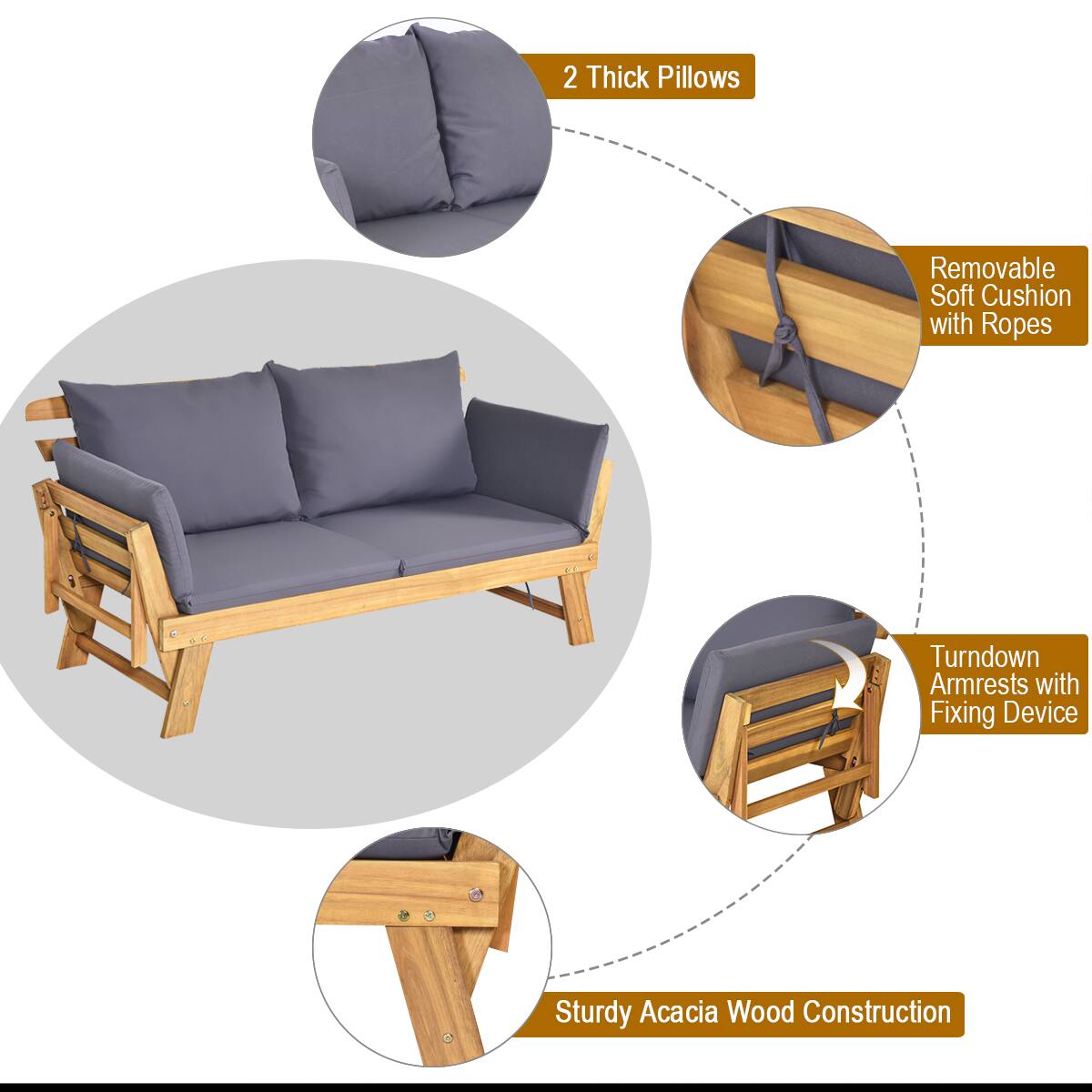 2 Thick Pillows  
Removable Soft Cushion with Ropes  
Turndown Armrests with Fixing Device  
Sturdy Acacia Wood Construction