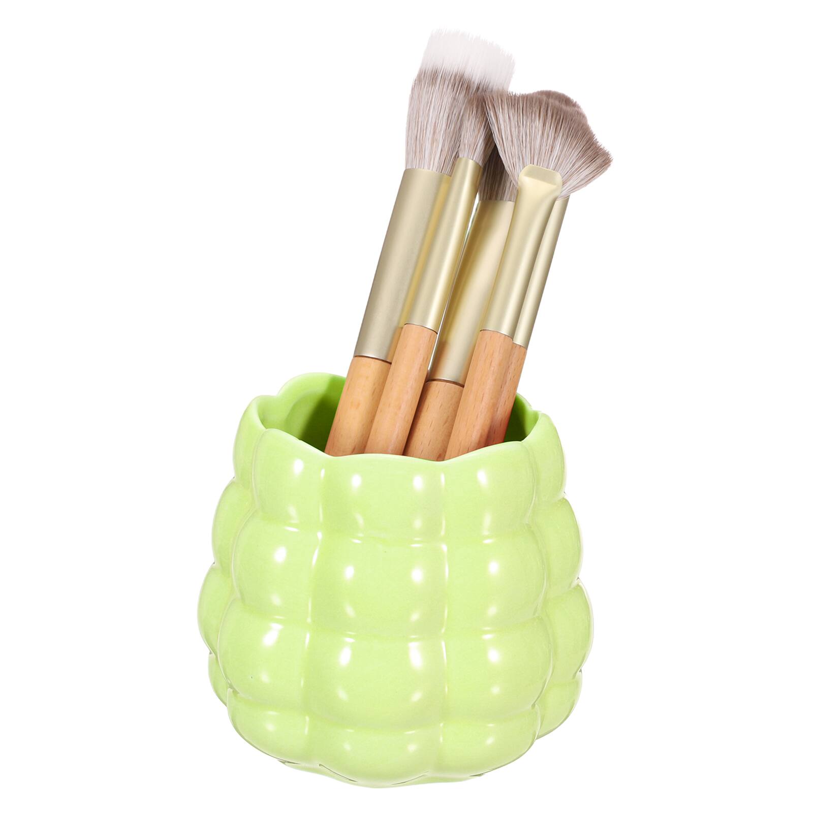 Front. Unique Bargains - Ceramic Makeup Brush Holder, Round Desktop Pen Holder for Makeup Brushes, Forks and Pencils - For Vanity Bathrooms - Fruit Green.