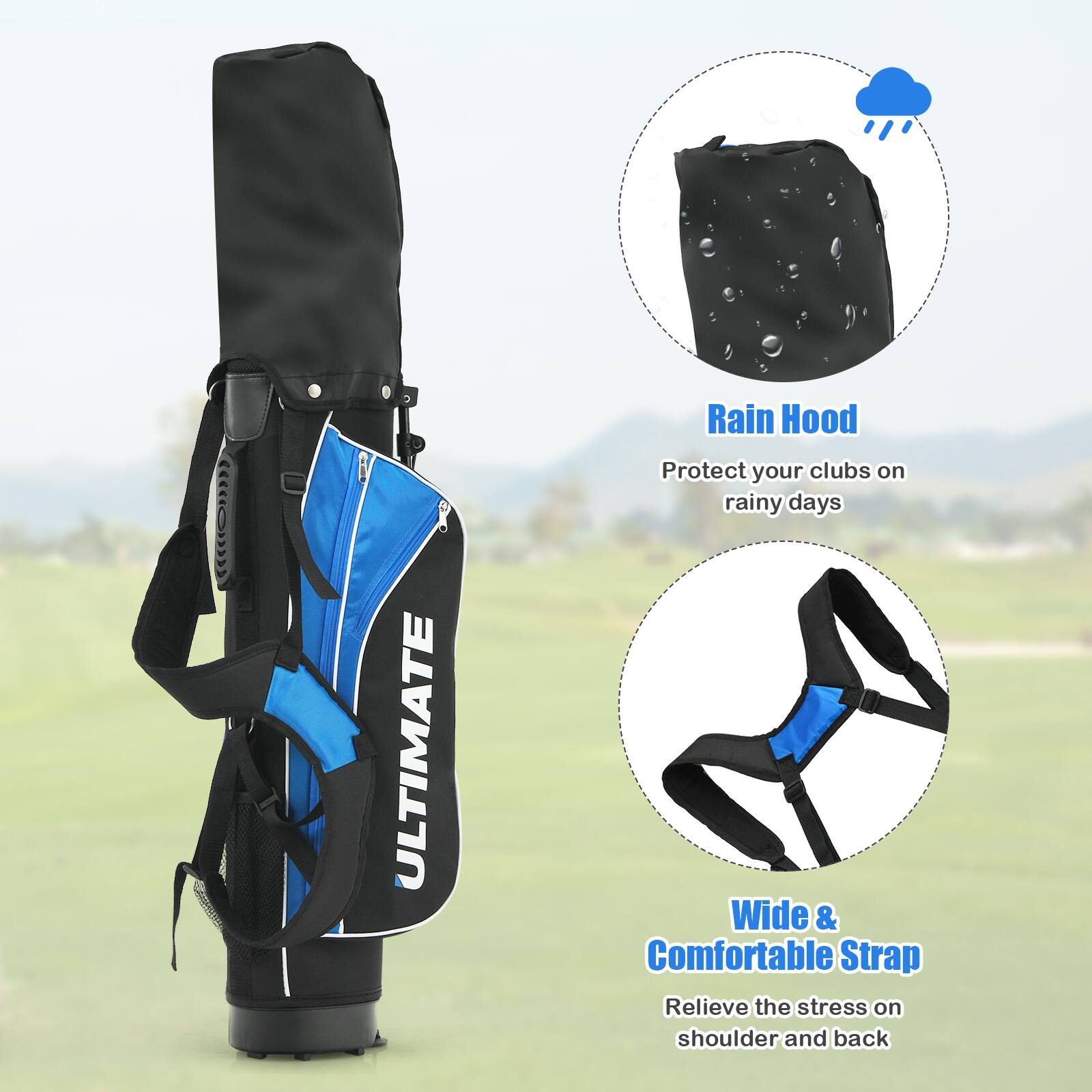 - ULTIMATE Rain Hood  
  Protect your clubs on rainy days

- Wide & Comfortable Strap  
  Relieve the stress on shoulder and back