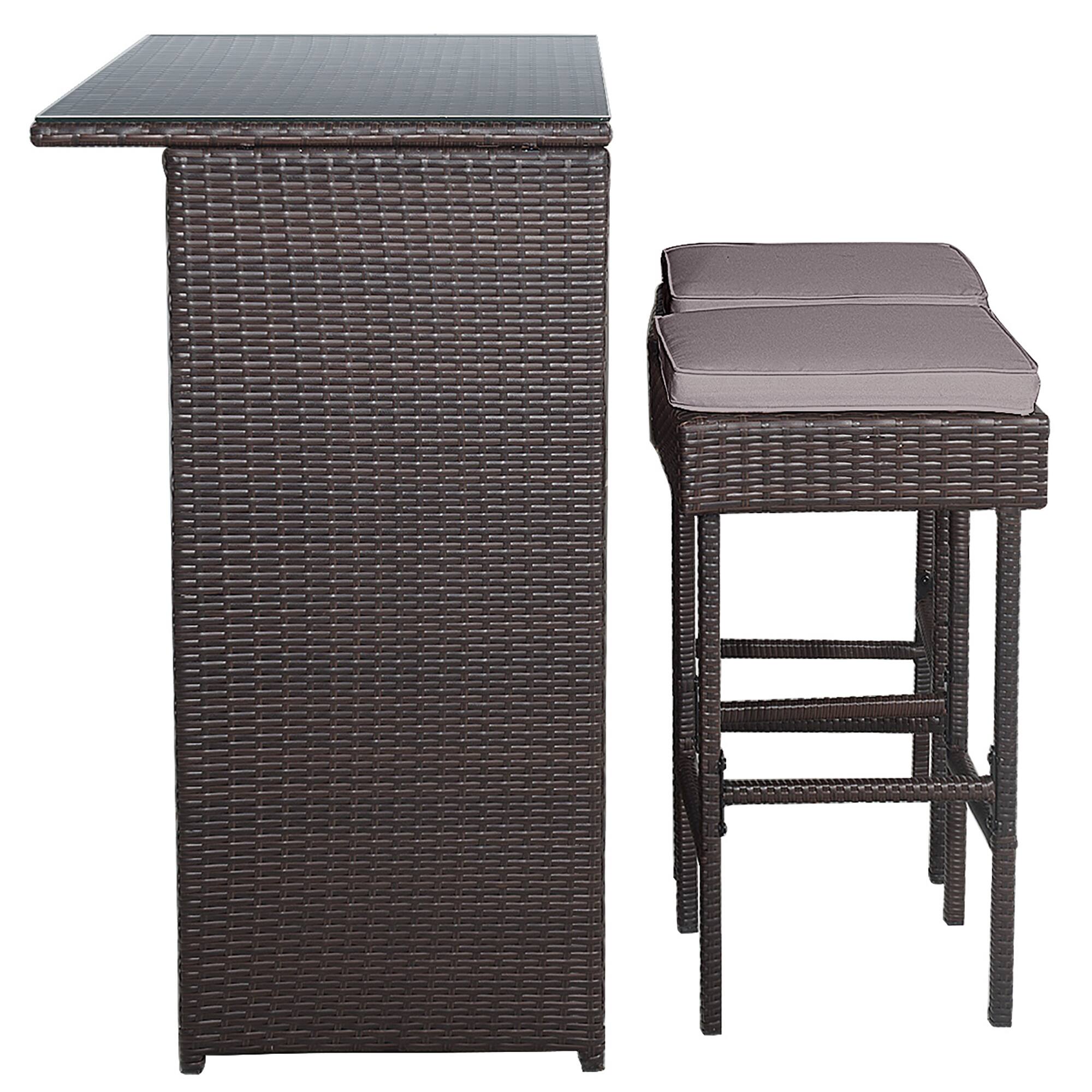 Angle. Costway - Patio 3PCS Rattan Bar Table Stool Set Cushioned Chairs with Cover - brown/gray/off white.