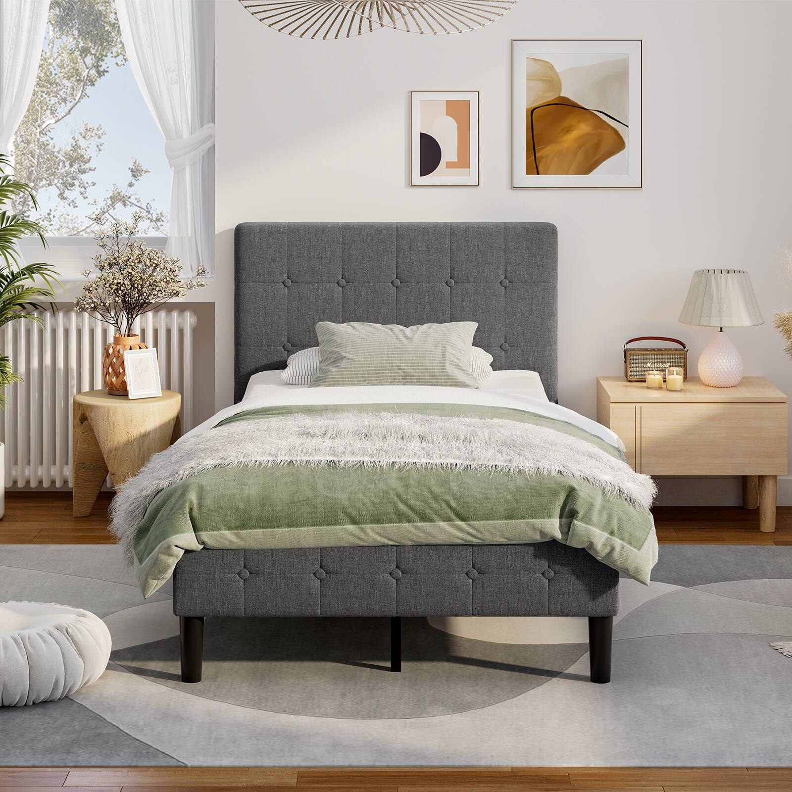 Alt View 8. Ecooso - Twin Upholstered Bed Frame with Button Tufted Headboard - Gray.