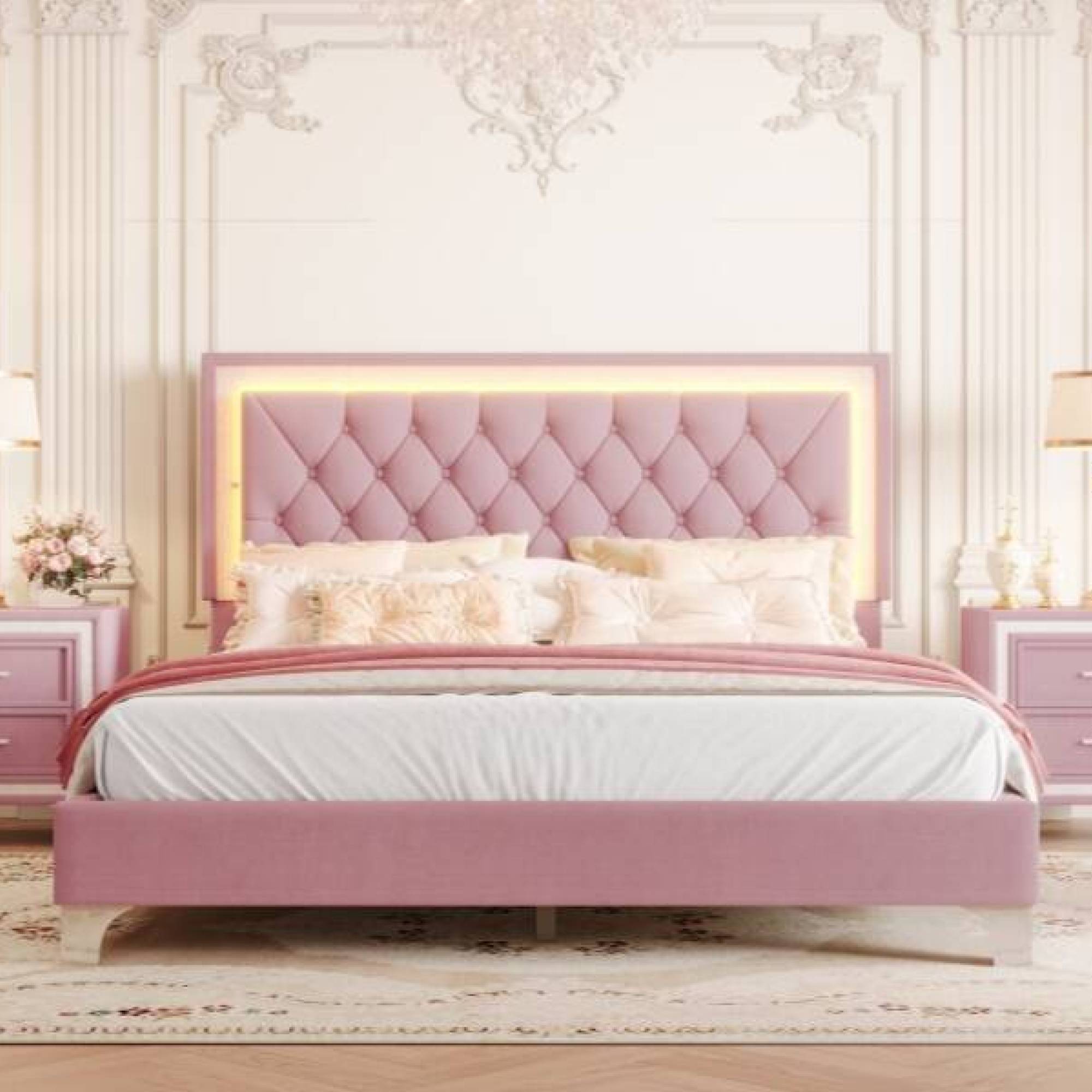 Alt View 7. GOODSILO - Elegant Velvet Upholstered Queen Bed Frame with LED Lights and Tufted Headboard - Pink.
