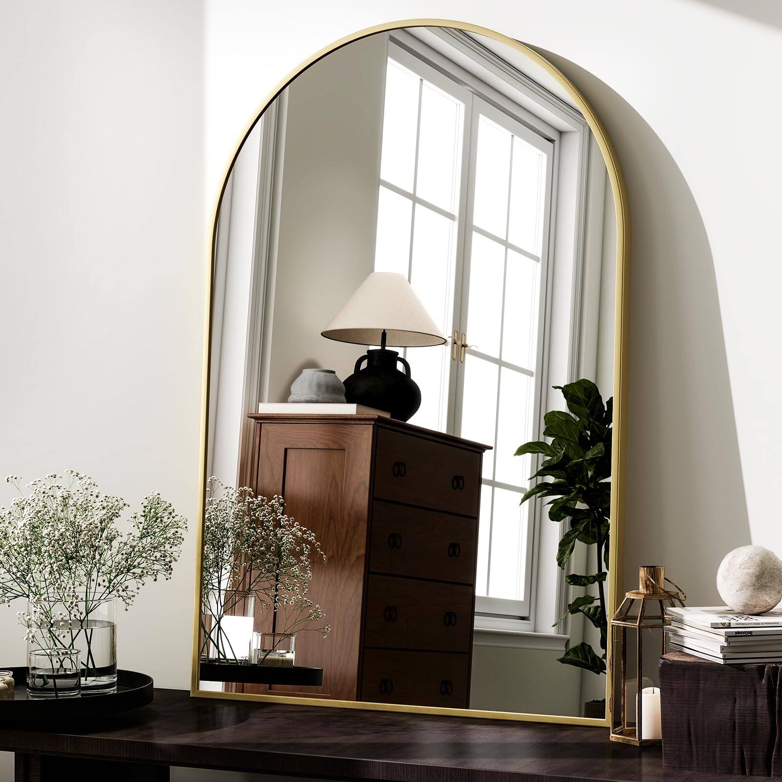 Alt View 2. Dapper Styles - Arched Wall Mirror x36 - Metal Frame Vanity Mirrors For Bedroom Entryway Living Room Decor - Gold-42"L x 32"W.