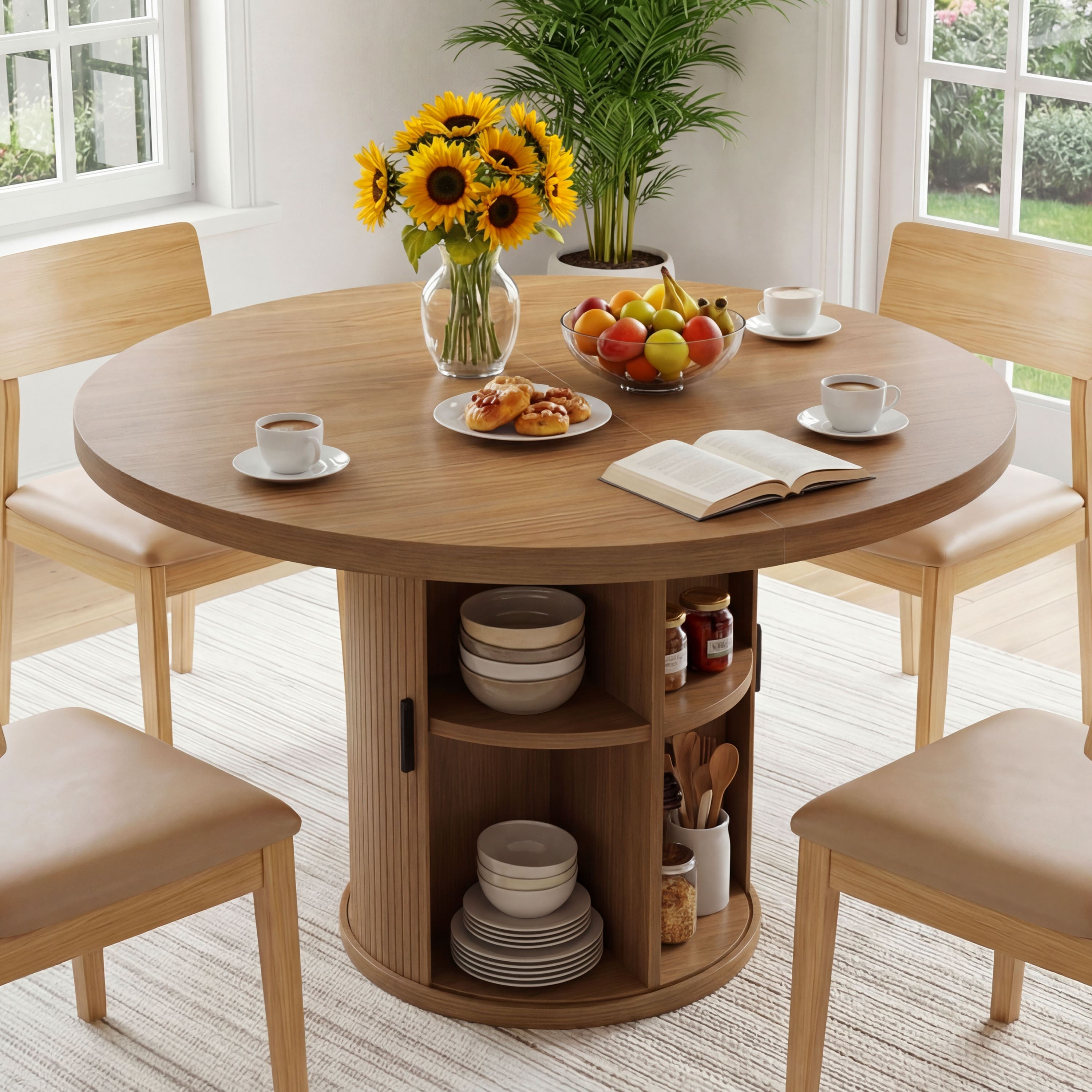 Dyonery - Extendable Dining Table 3-5 Seats,4-Compartment Organized Storage Base, Durable Compacted Wood - Walnut