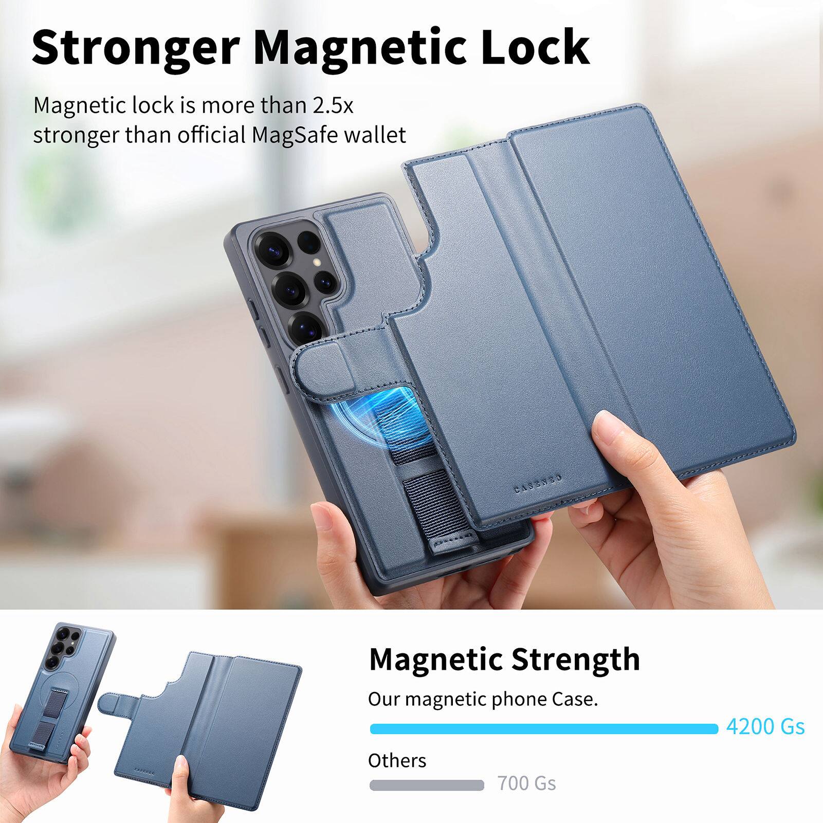 **Stronger Magnetic Lock**

Magnetic lock is more than 2.5x stronger than official MagSafe wallet.

**Magnetic Strength**

Our magnetic phone Case: 4200 Gs

Others: 700 Gs