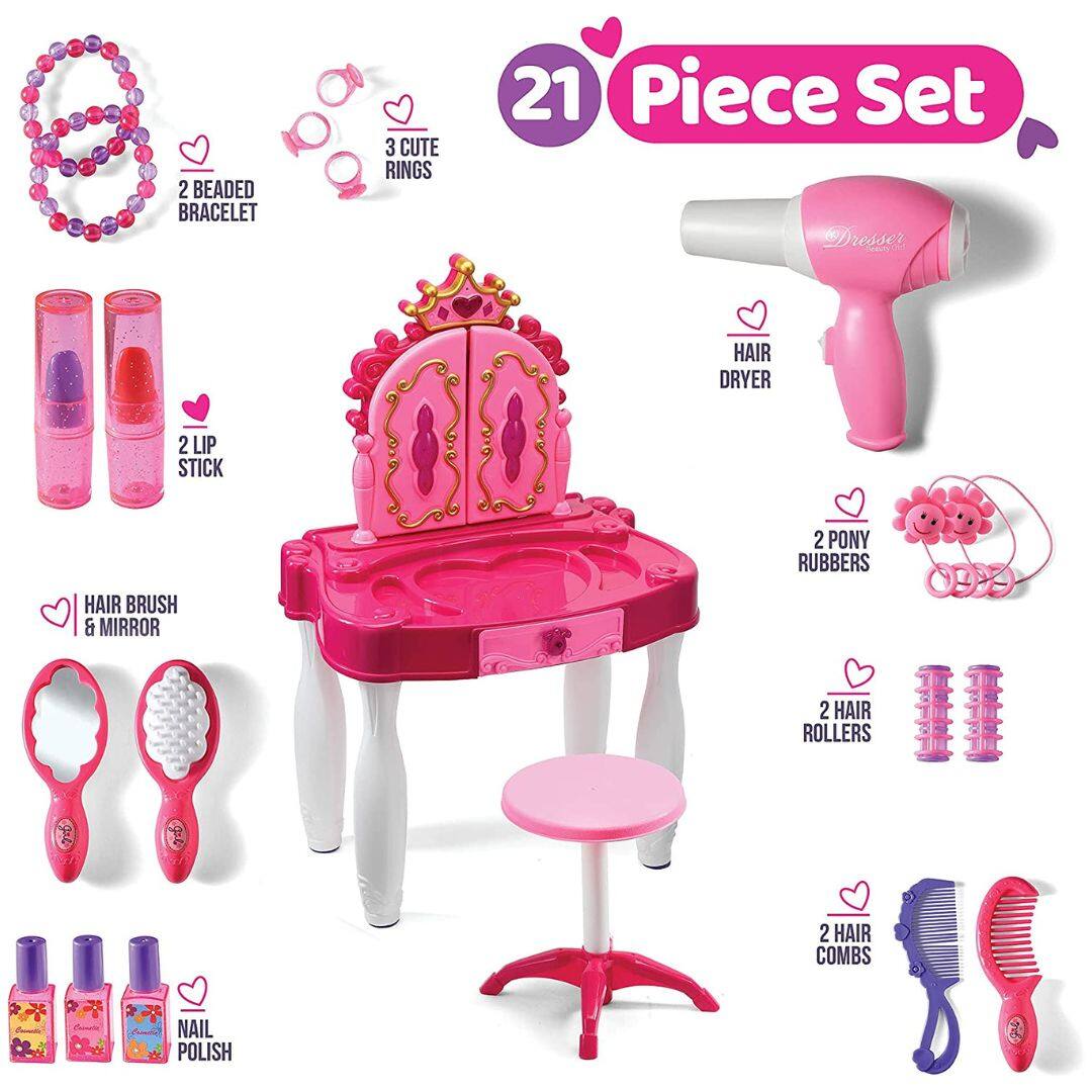 21 Piece Set

- 2 Beaded Bracelet
- 3 Cute Rings
- 2 Lip Stick
- Hair Dryer
- 2 Pony Rubbers
- Hair Brush & Mirror
- 2 Hair Rollers
- 2 Hair Combs
- Nail Polish