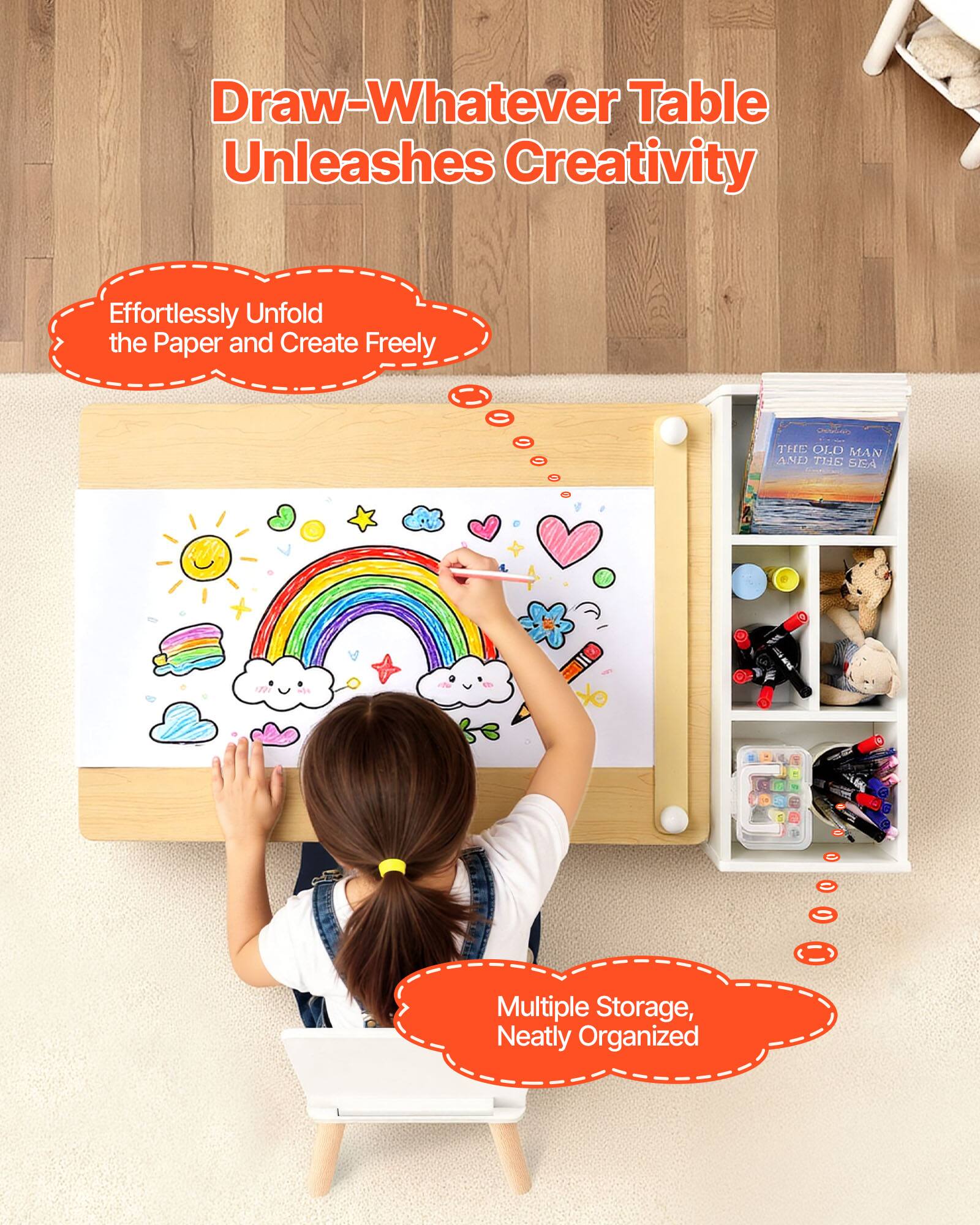 Draw-Whatever Table Unleashes Creativity Effortlessly Unfold the Paper and Create Freely

Multiple Storage, Neatly Organized