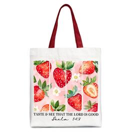 OrnamentallyYou - Taste and See That The Lord is Good Strawberry Canvas Tote Bag, Christian Faith Gift Shopper - White Red