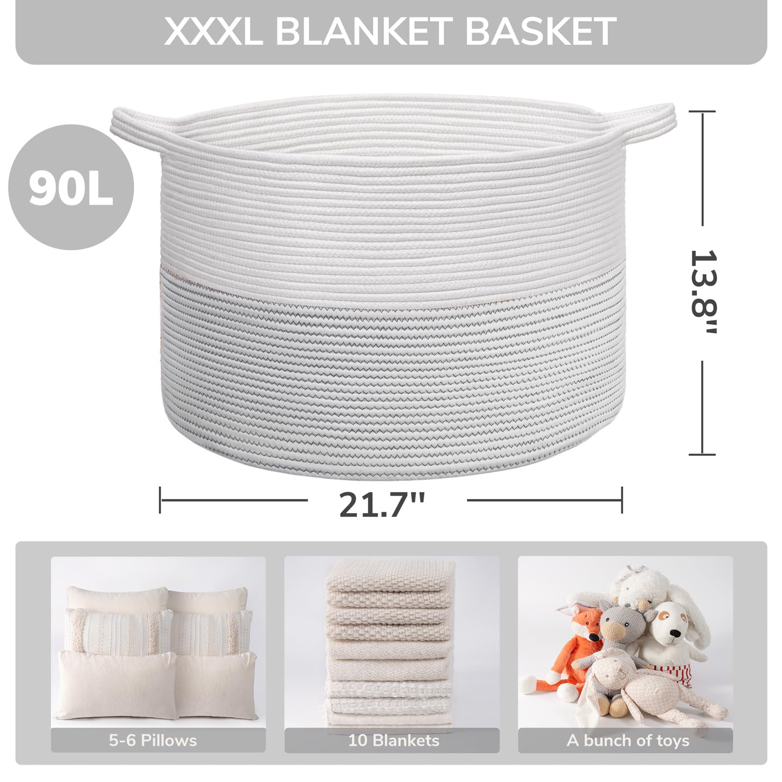 XXL BLANKET BASKET  
90L  
13.8" x 21.7"  
5-6 Pillows  
10 Blankets  
A bunch of toys
