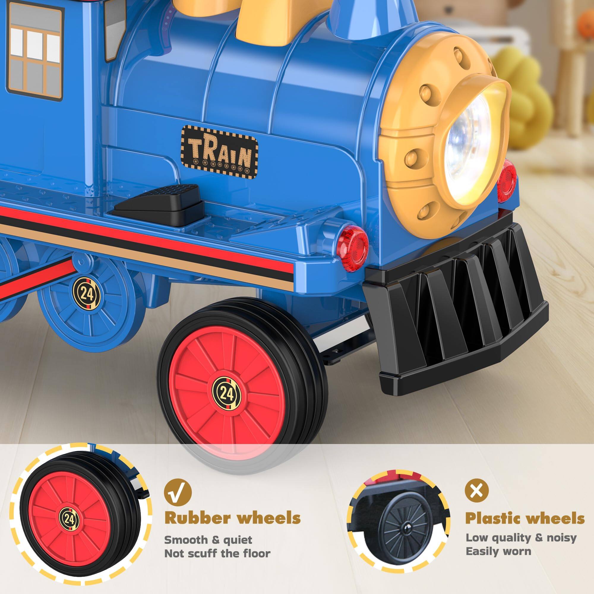 TRAIN

24
24
24

Rubber wheels
Smooth & quiet
Not scuff the floor

Plastic wheels
Low quality & noisy
Easily worn