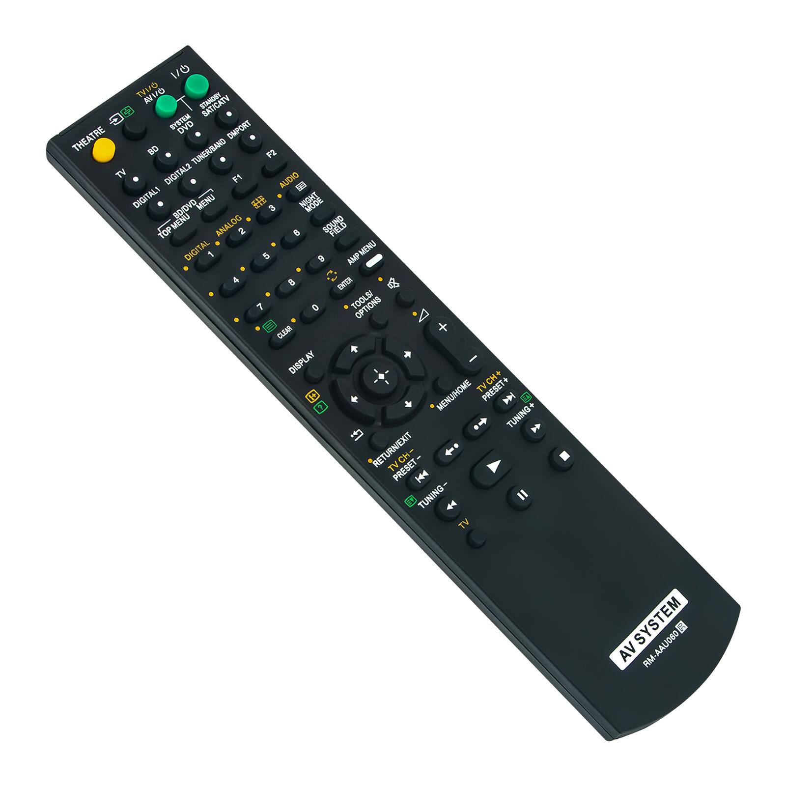 1/0 TVUO AVVO STANDEX BYSTEM DVD OMPORT THEATRE BO TUNER/BAND F2 TV DIGITAL2 F1 AUDIO  DIGITALA BO/DVD MENU  3 MOGE TOP MENU TOP ANALOG 2 0  DIGITAL - 5 IN AMPMENU AMP 4 B ENTEN 7 0 TOOLS OPTIONS - + CLEAR DISPLAY CH+ TV PRESET+ 0 ? MENUIHOME  TUNING f RETURN/EXIT TV CH PRESET H44 TUNING TV SYSTEM RM-AAUO60 AV