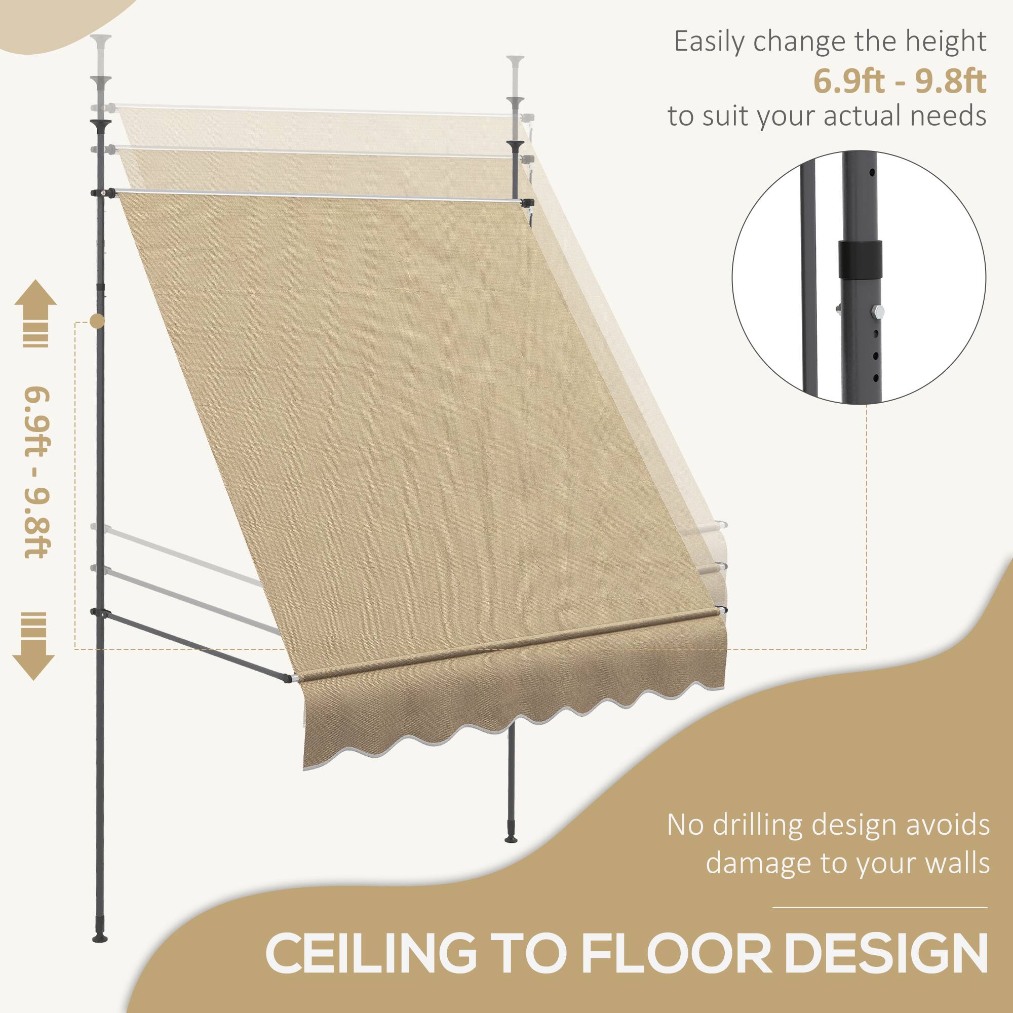 Easily change the height 6.9ft - 9.8ft to suit your actual needs, No drilling design avoids damage to your walls, CEILING TO FLOOR DESIGN