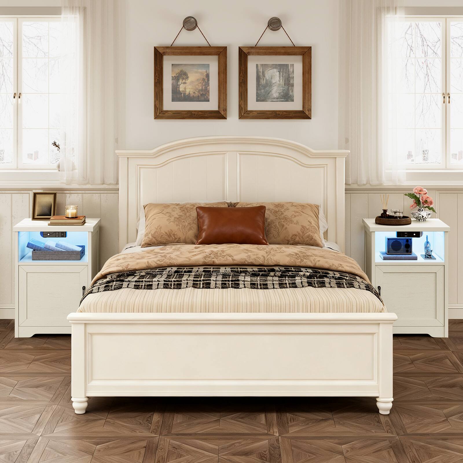 Alt View 1. AODK - Farmhouse Nightstand with Charging Station & LED Lights, End Tables with Storage & Open Shelf（Set of 2） - White.