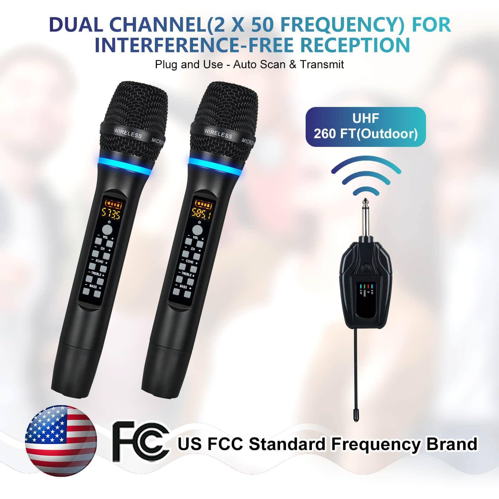 DUAL CHANNEL (2 X 50 FREQUENCY) FOR INTERFERENCE-FREE RECEPTION  
Plug and Use - Auto Scan & Transmit  

UHF 260 FT (Outdoor)  

US FCC Standard Frequency Brand