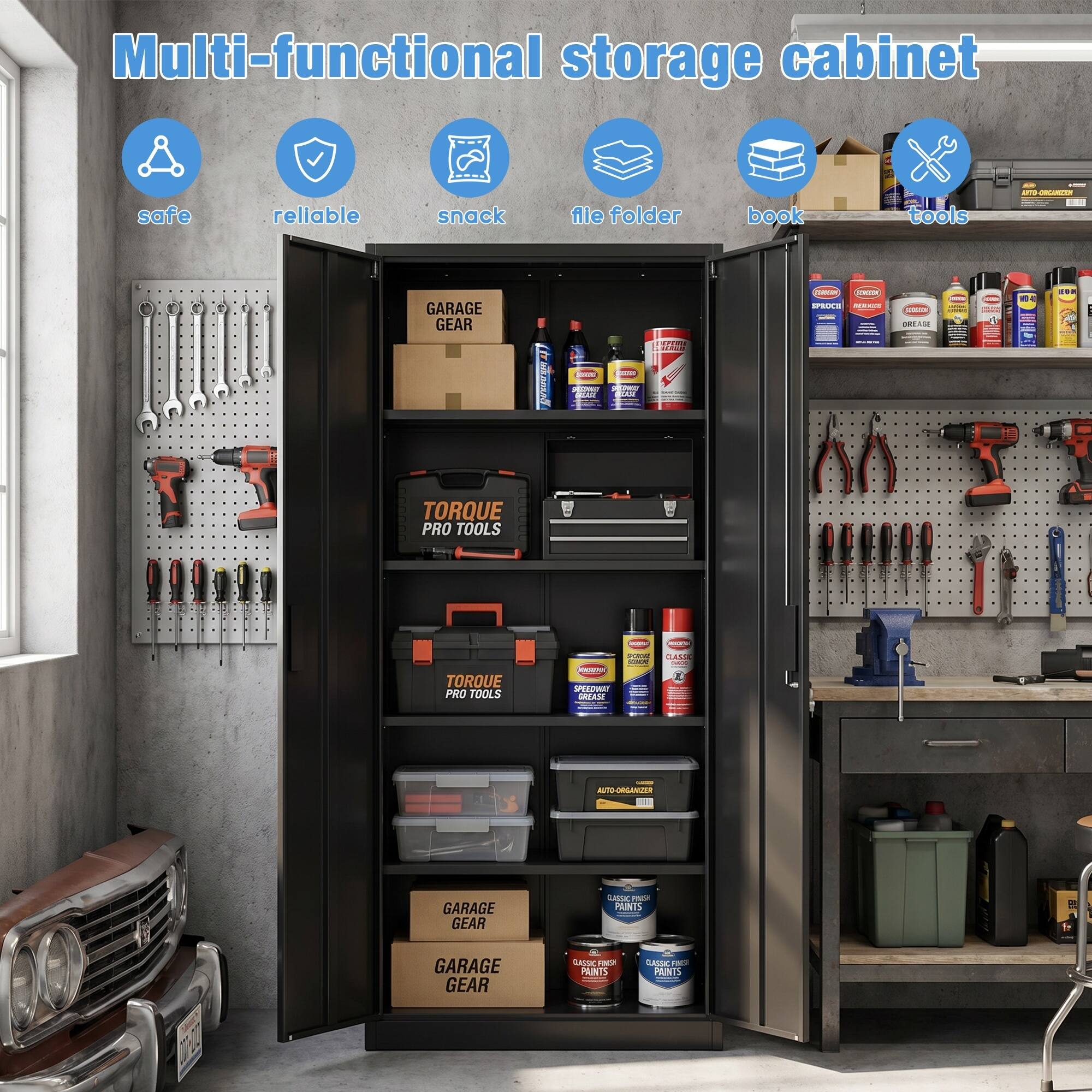 Multi-functional storage cabinet  
safe reliable snack file folder book tools  

GARAGE GEAR  
TORQUE PRO TOOLS  
GARAGE GEAR  
CLASSIC FIRST PAINTS